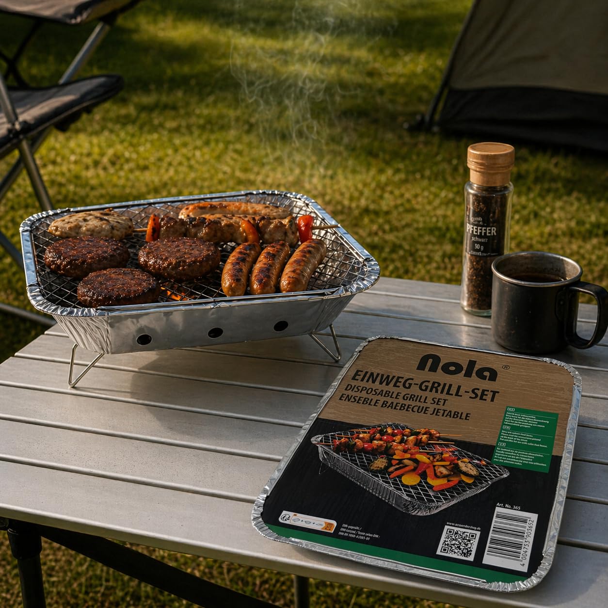 Griglia usa e getta – Confezione da 1 – Con 450 g di carbone e carta di accensione – Pronta per picnic, campeggio e grigliate – Barbecue istantaneo Art. 365 (1)