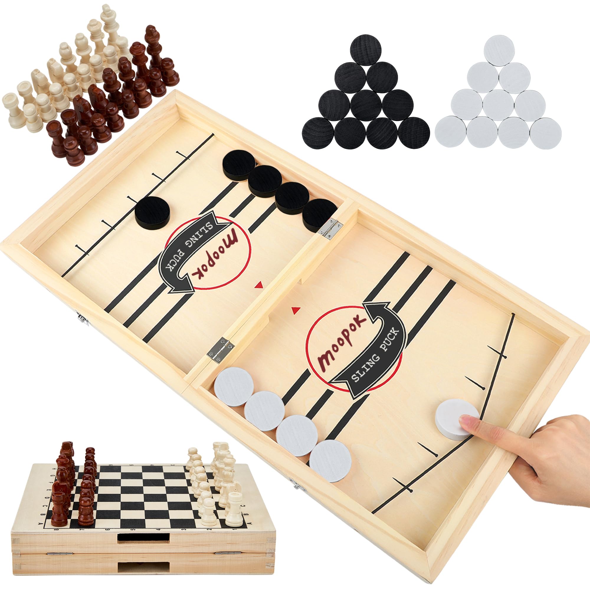 Fast Sling Puck Game - 2 in1 Chess Board and Desktop Battle Super Winner Game,Fast Action Wooden Air Hockey Board Game,Adults and Kids Family Friend Funny Slingshot Game Toys