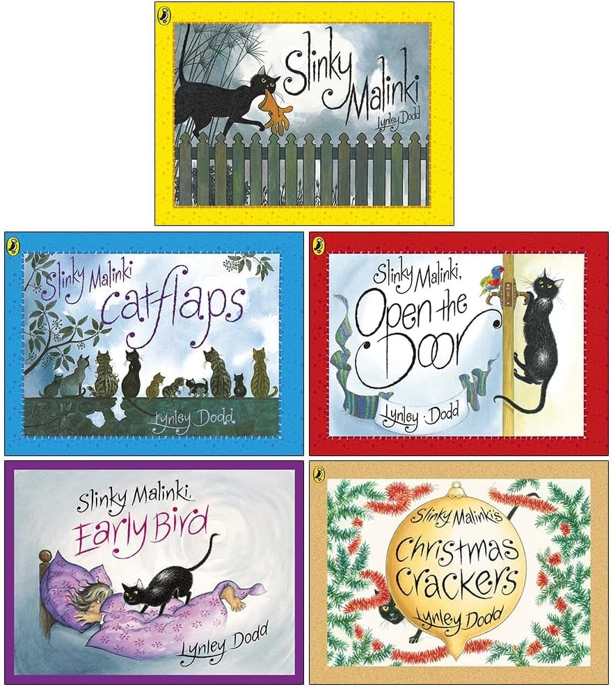 Lynley Dodd Slinky Malinki Hairy Maclary and Friends Series 5 Books Collection Set(Slinky Malinki, Slinky Malinki Catflaps, Open the Door, Slinky Malinki's Christmas Crackers, Early Bird)