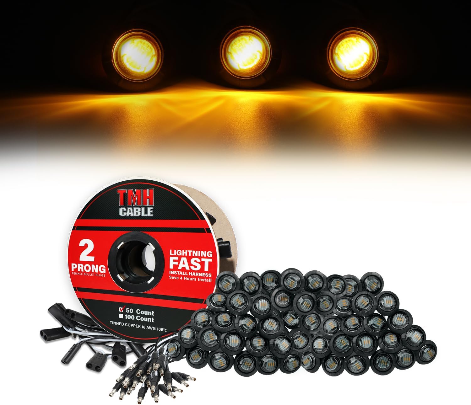 TMH 50 Pcs of 3/4 Inch Side Marker Smoked Lens Amber Lights with Connector Plug + 2 Pin Continuous Wire Harness, Plug and Play Hassle-Free Installation for Truck Trailer RV Pickup