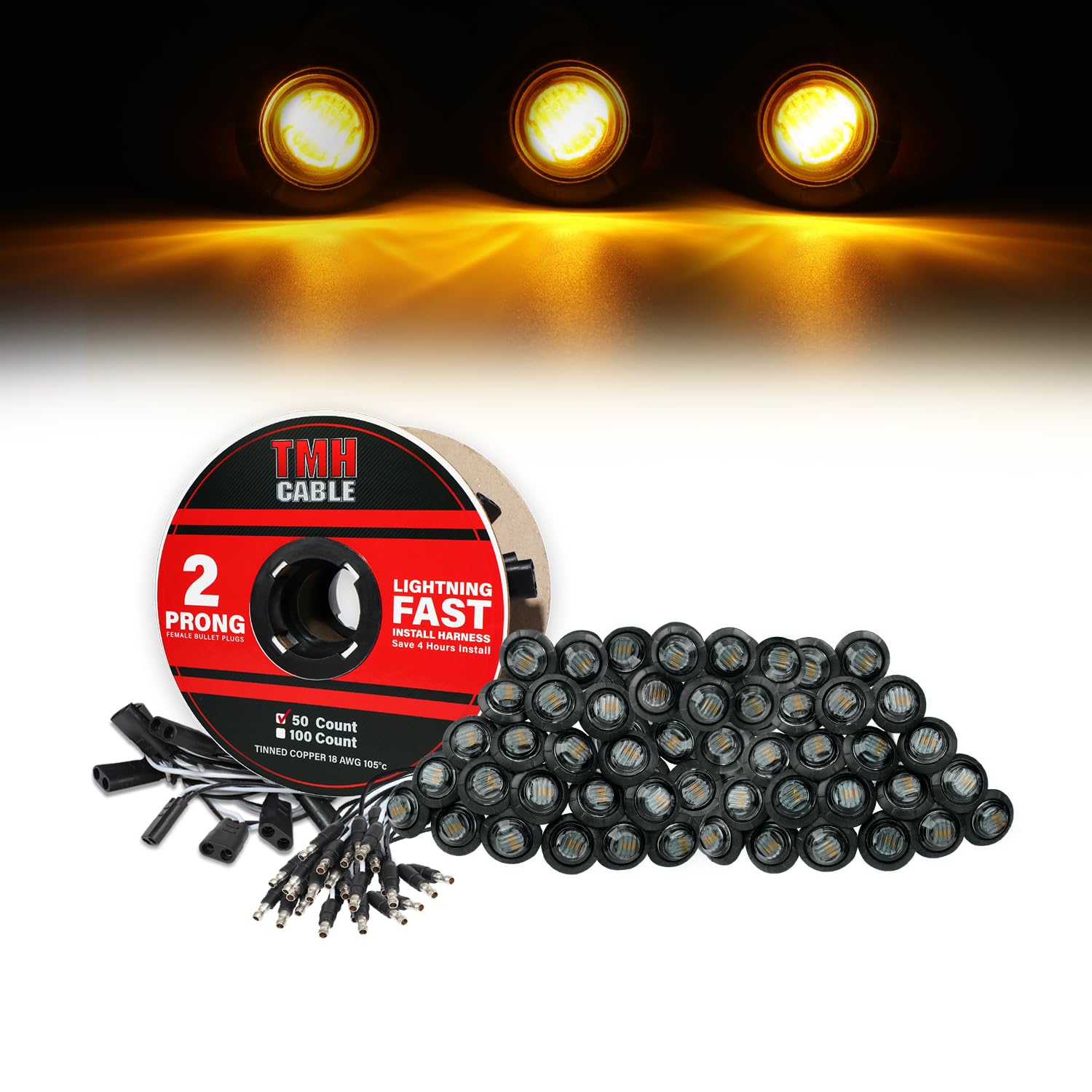 TMH 50 Pcs of 3/4 Inch Side Marker Smoked Lens Amber Lights with Connector Plug + 2 Pin Continuous Wire Harness, Plug and Play Hassle-Free