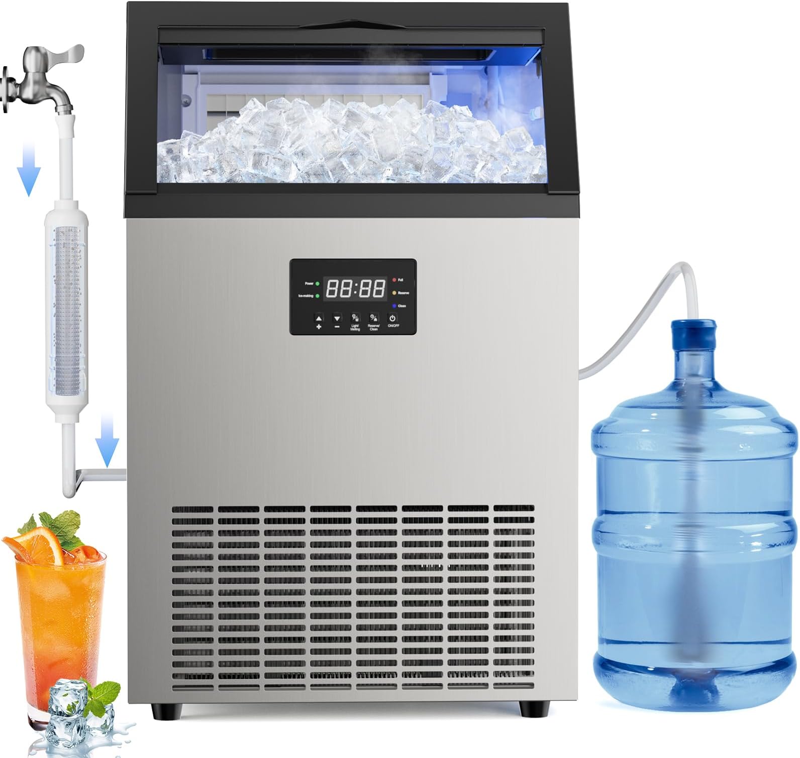 Commercial Ice Maker Machine 200LBS/24H Stainless Steel, with 50Lbs Storage Bin, Under Counter or Freestanding Ice Maker, 55 Ice Cubes in 8-15 Minutes for Commercial & Home