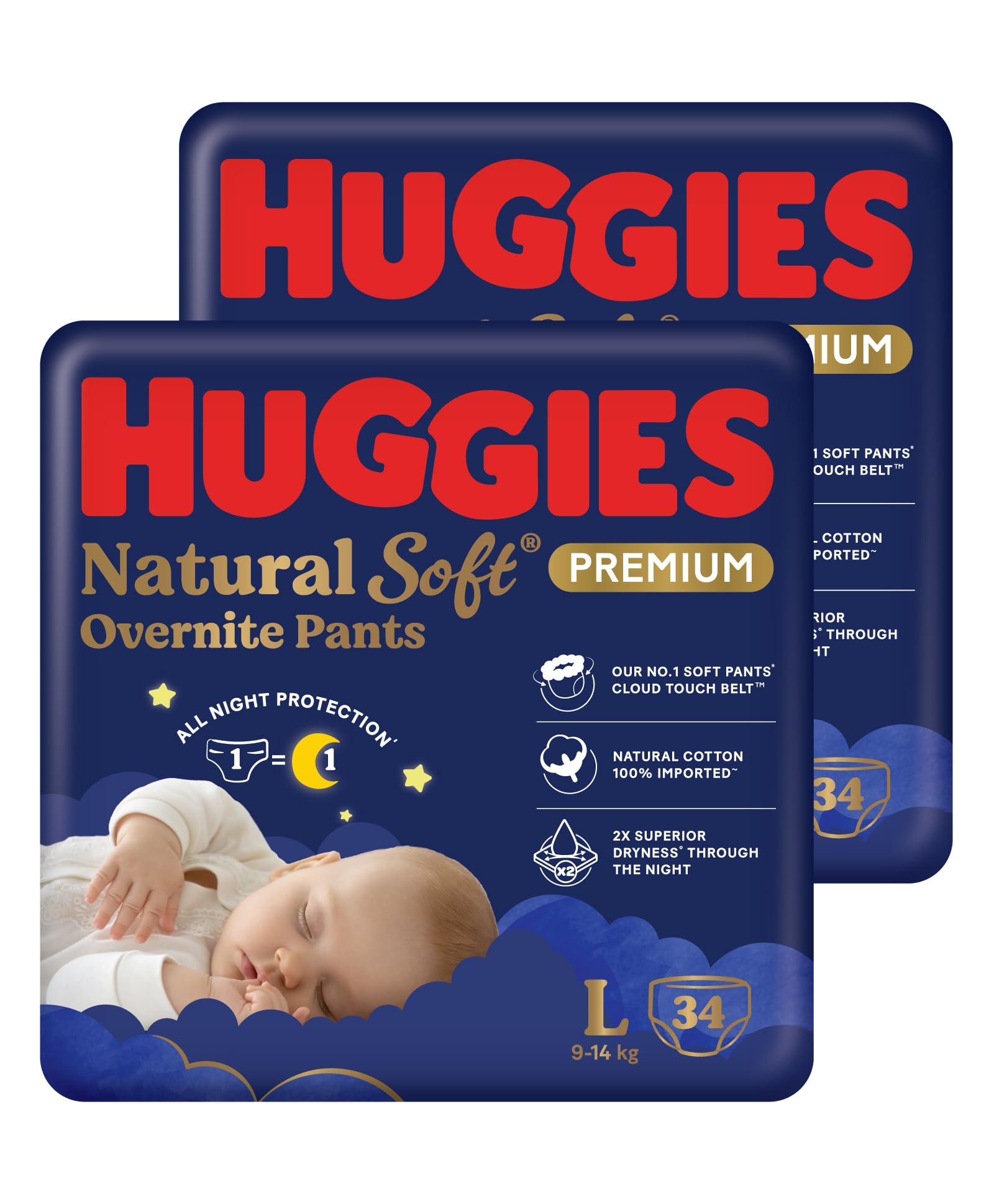 Huggies Natural Soft Premium Overnight pants L 34X2 Combo | Premium Pant Style Baby Diapers Large Size (L Size | 9-14 Kgs), 68 count| Keeps baby dry all night with cloud softness all over