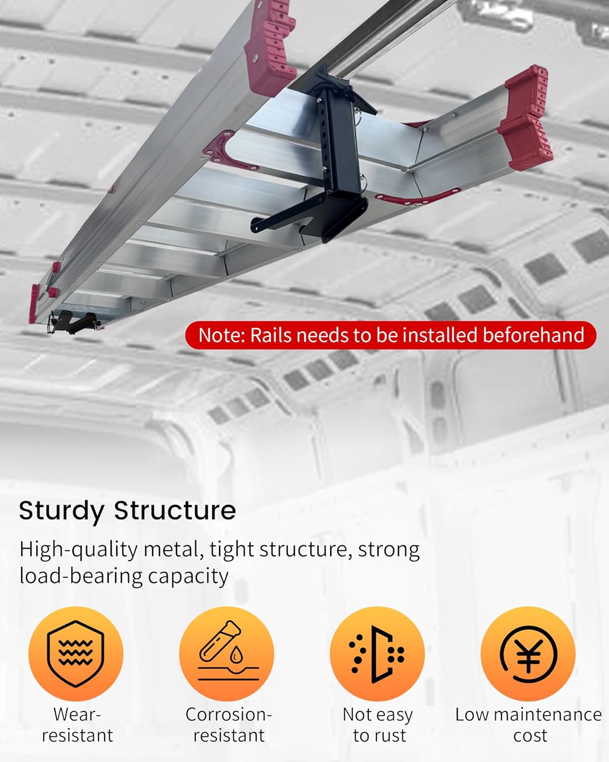 Van Interior Sliding Ladder Holder for Van & Truck Cap (Requires 1-5/8" x 13/16" Strut Channel), Overhead Ladder Storage System, Easy Ground Access, Secure & Adjustable Vehicle Internal Ladder Rack