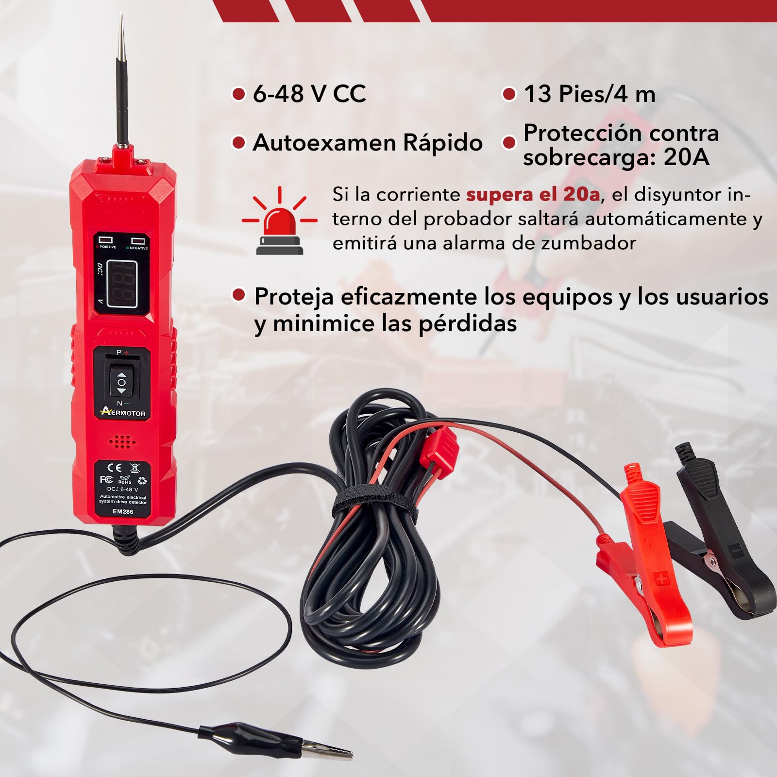 CarBole Probador de Circuito Eléctrico 6-48V,Con Sonda LED,Cable 4m (13 Pies),Protección Contra Sobrecargas,Probador de Cortocircuitos,Identificación de Polaridad