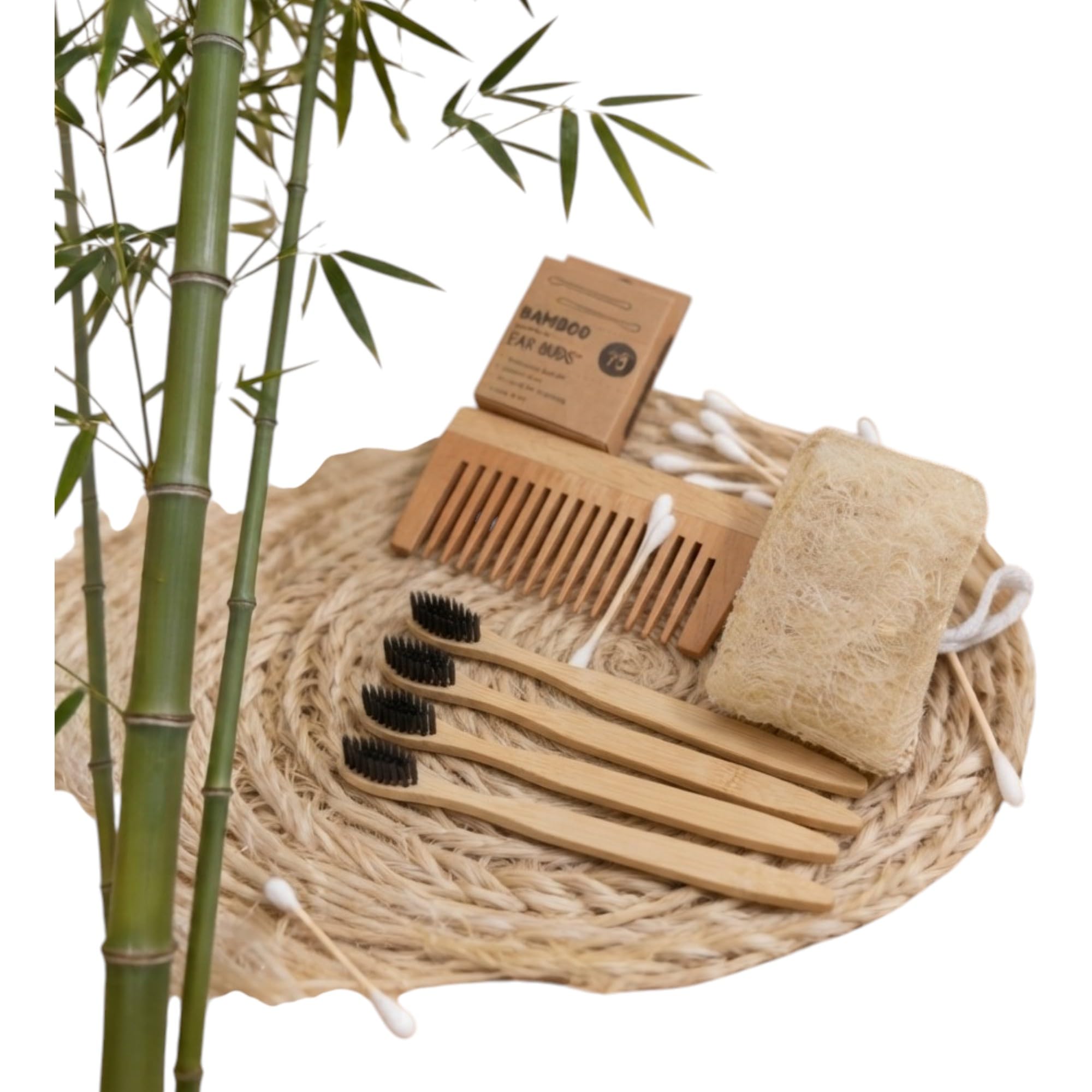 Eco Friendly Bamboo Toothbrush Neem Wood Comb And Natural Loofah Set Sustainable Personal Care Kit - Two tooth Brush, One Comb and One Loofah and bamboo ear buds 75 pcs-image-3