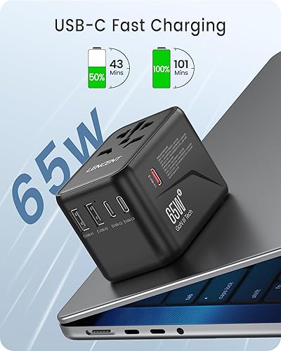 Vista 3 de LENCENT Universal Travel Adapter, GaN III 65W International Charger with 2 USB Ports & 3 USB-C PD Fast Charging, All in One Outlet Adaptor for