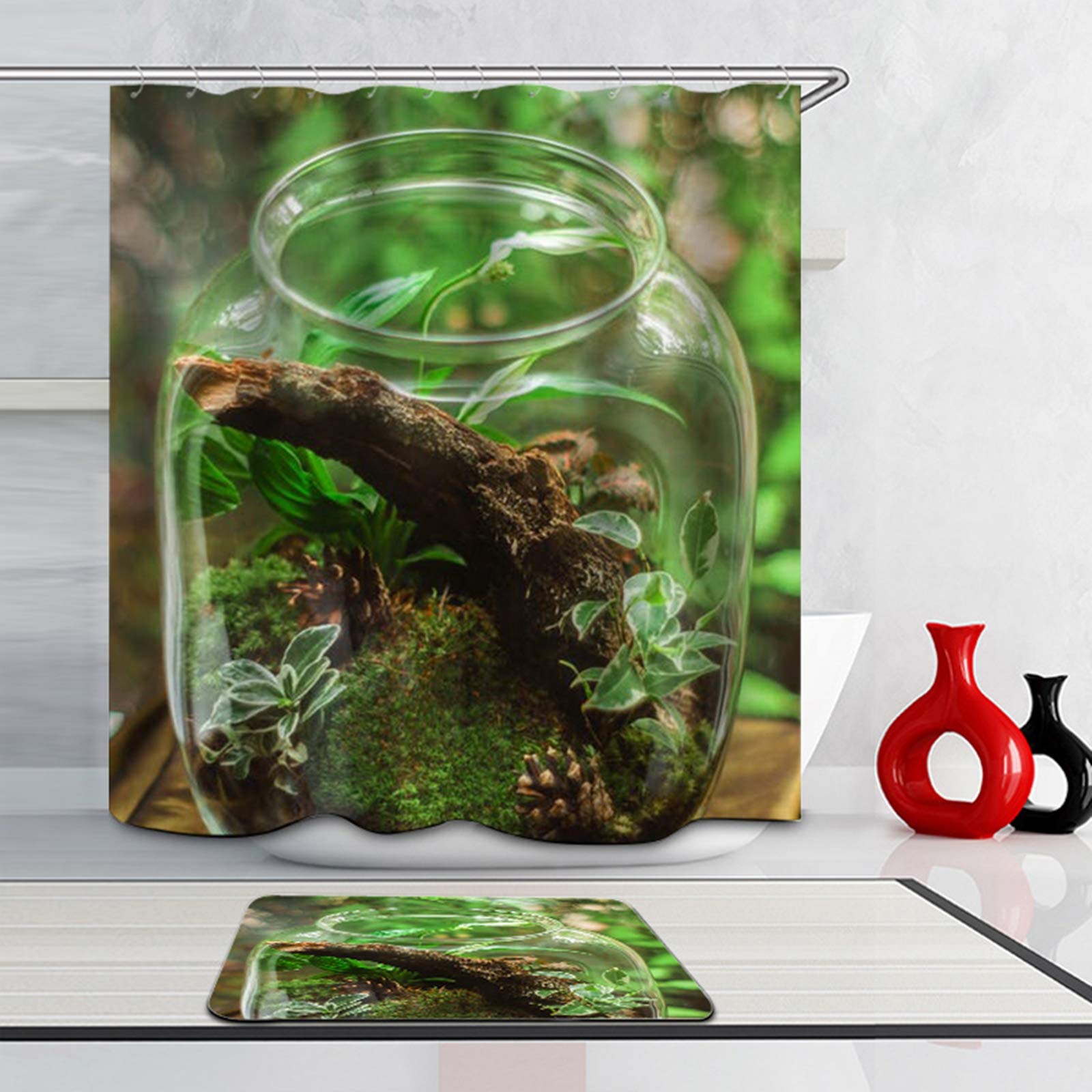 Daesar Dywaniki łazienkowe pod prysznic antypoślizgowe 40 x 60 rośliny w butelce zasłona łazienkowa 165 x 200 cm antypleśniowa, zestaw dywaników łazienkowych 2 sztuki