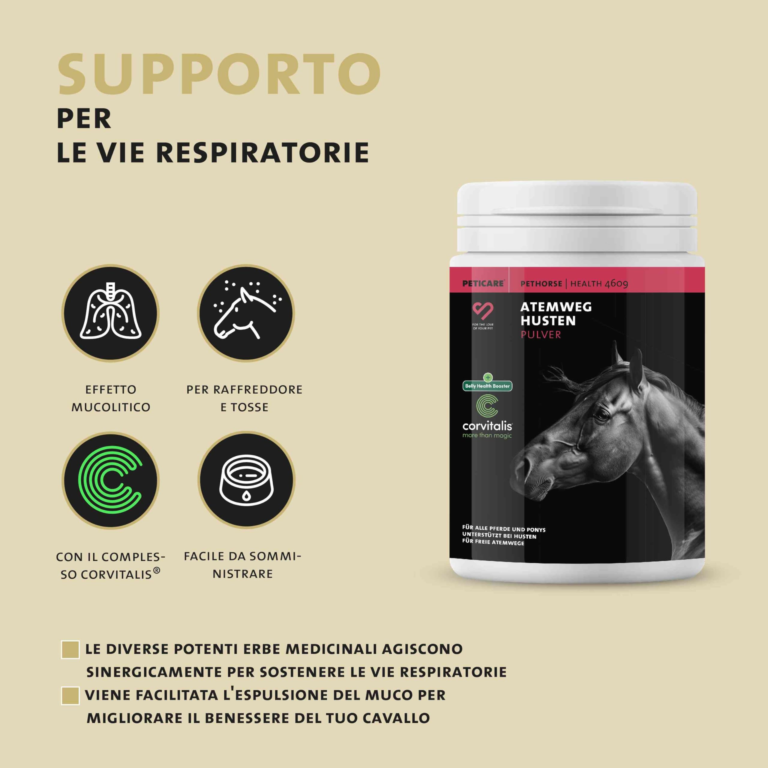 Peticare Polvere Respirazione e Bronchi Cavalli – Supporto Naturale per le Vie Respiratorie – Con Finocchio e Timo – Miscela di Erbe Integratore