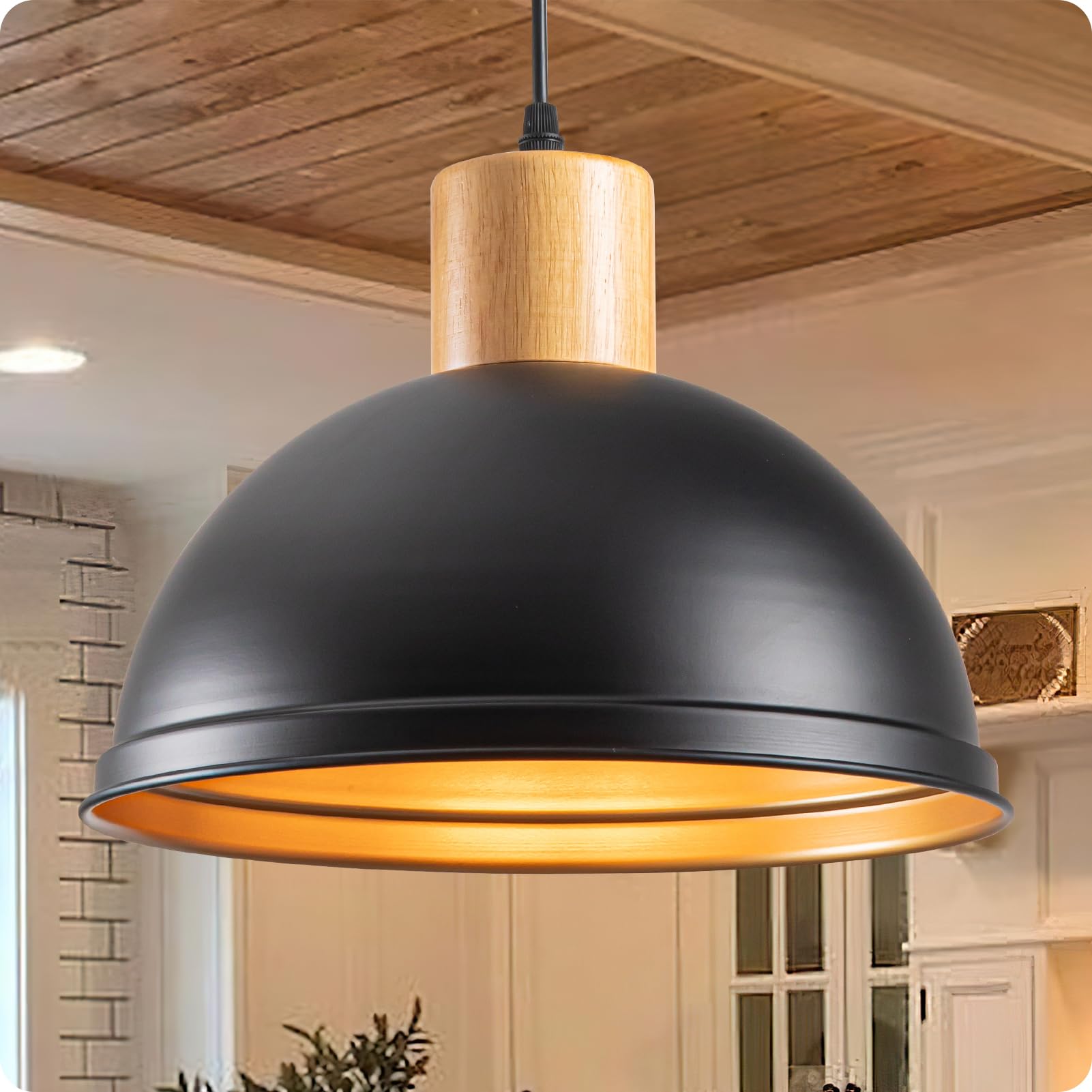 Karjearl Farmhouse Dome Pendant Light Fixtures, 11.8" Black Pendant Lights Kitchen Island Modern Wood Hanging Light for Dining Room Lounge Bedroom, Golden Interior