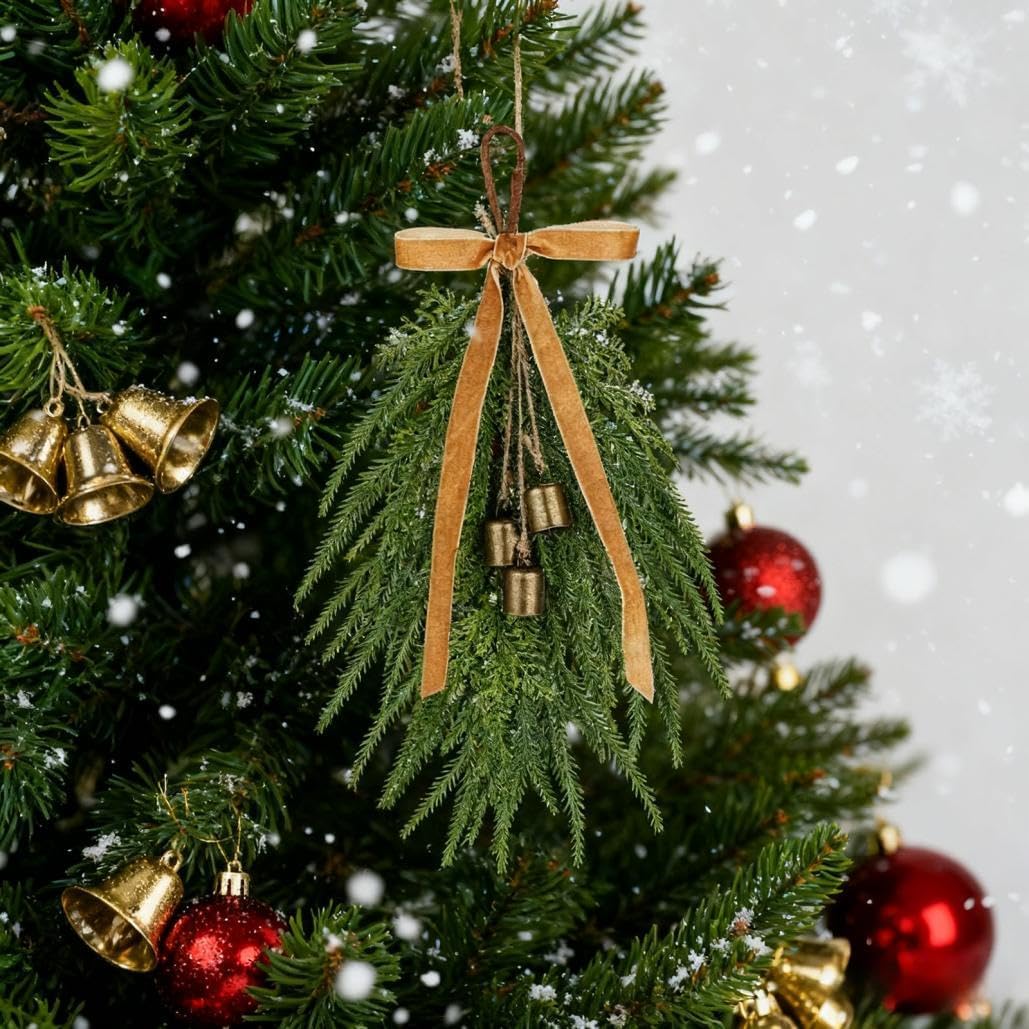 19" Christmas Teardrop Swag/Artificial Norfolk Pine Teardrop Wreath with Berry Pinecones Bells and Bows Greenery Staircase Swags for Christmas Door swags, Stairway Window Outdoor Decor (Green)