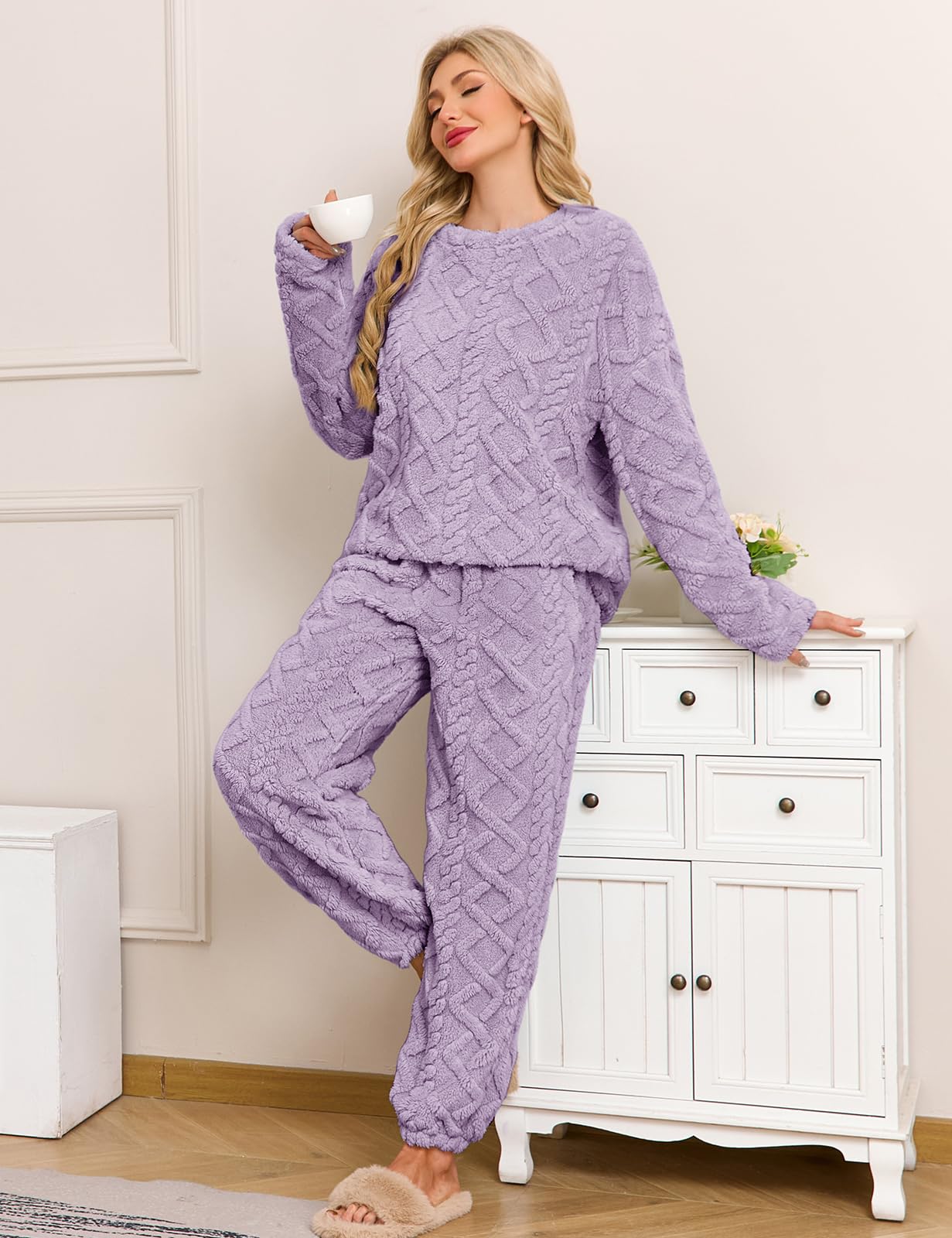 UMIPUBO Pigiama Donna Invernale Set Caldo Pile Pigiami Due Pezzi Morbido Manica Lunga Pantalone Lungo Abbigliamento da Casa Indumenti da Notte Lounge Sleepwear con Due Tasche