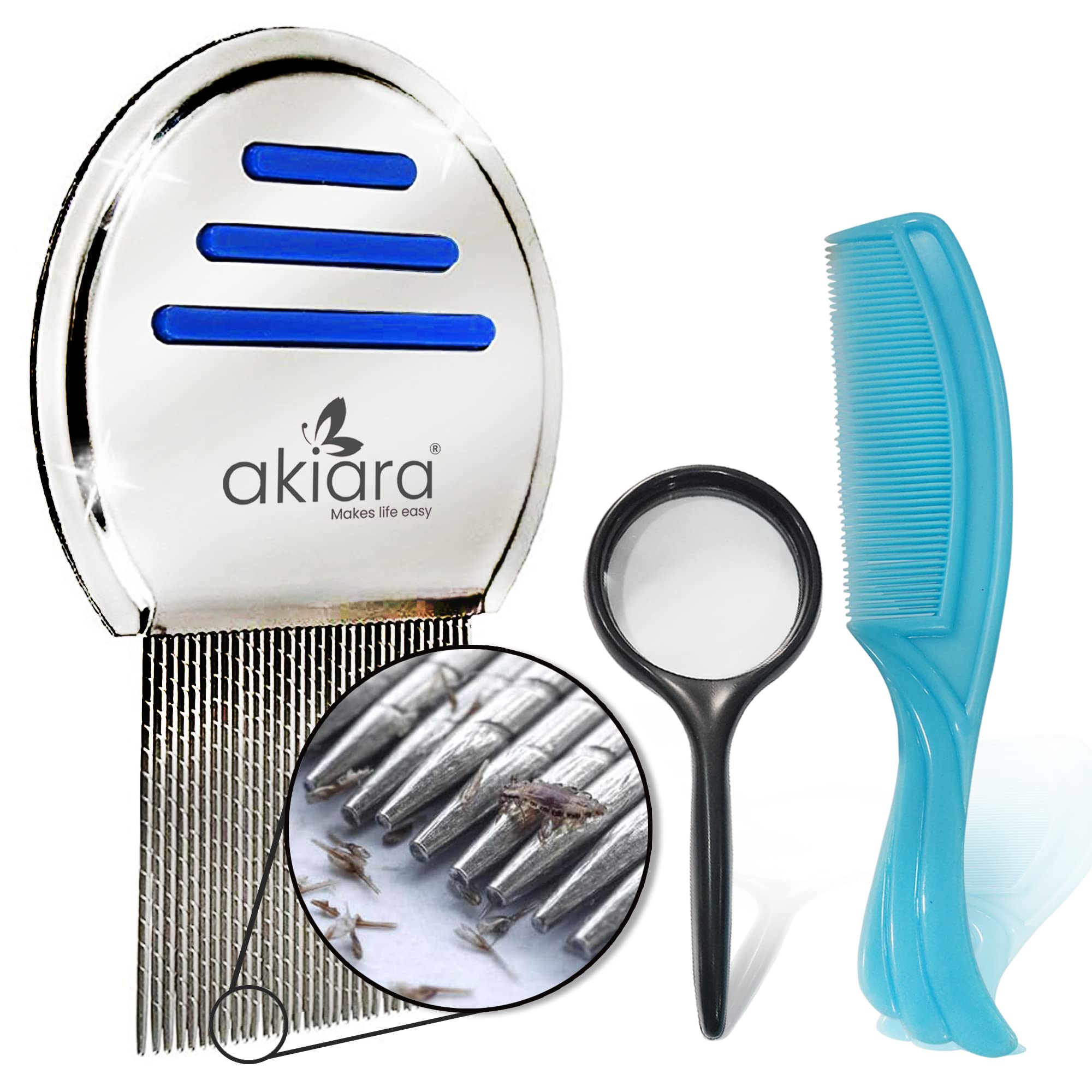 Akiara - Makes Life Easy Premium Lice Comb Kit - Nit Removal Fine Tooth Comb and Magnifier Full Treatment Set