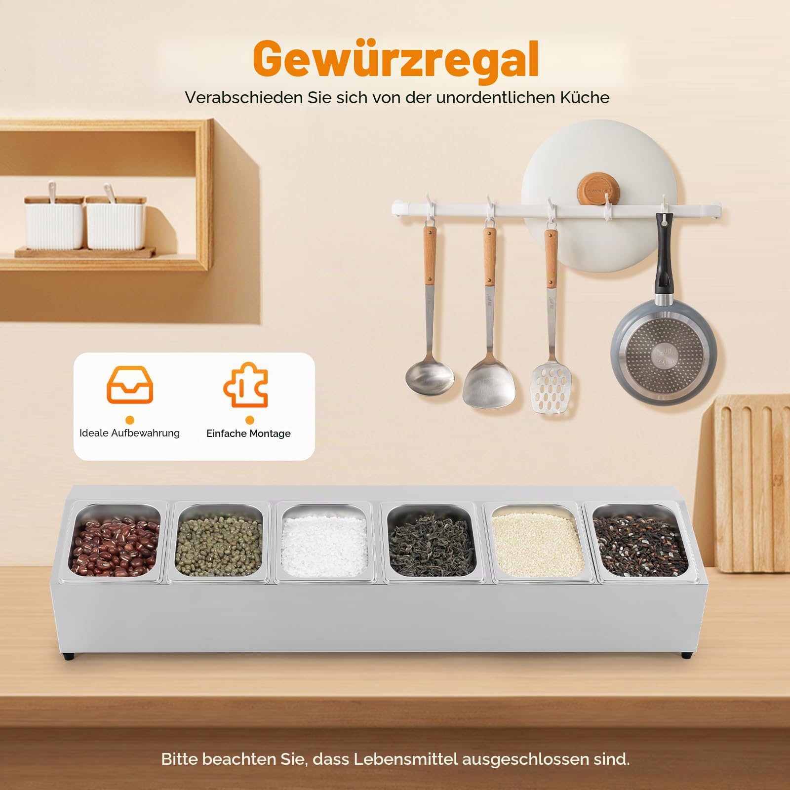 Aufstellbehälter für Vorratsdosen, Zutatenbehälter, 5 Stück Edelstahl Spülmaschinenfest, mit 5 x 1/6 Behälter, mit 5 passenden Deckeln, Aufstellbehälter,