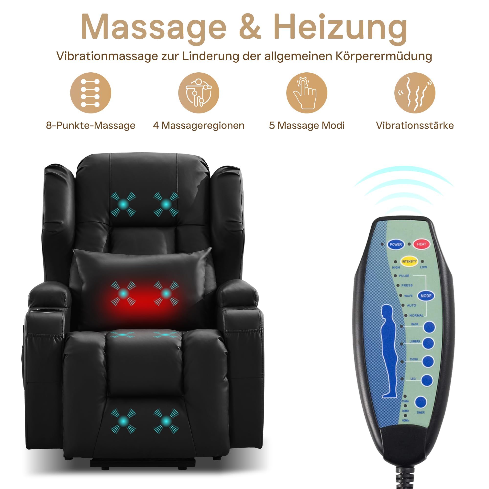 Elektrisch Verstellbar Relaxsessel Fernsehsessel mit Liegefunktion Aufstehhilfe, Kunstleder Seniorensessel TV Sessel Kinosessel mit Massage Heizung (Schwarz, 1 Aufstehsessel)