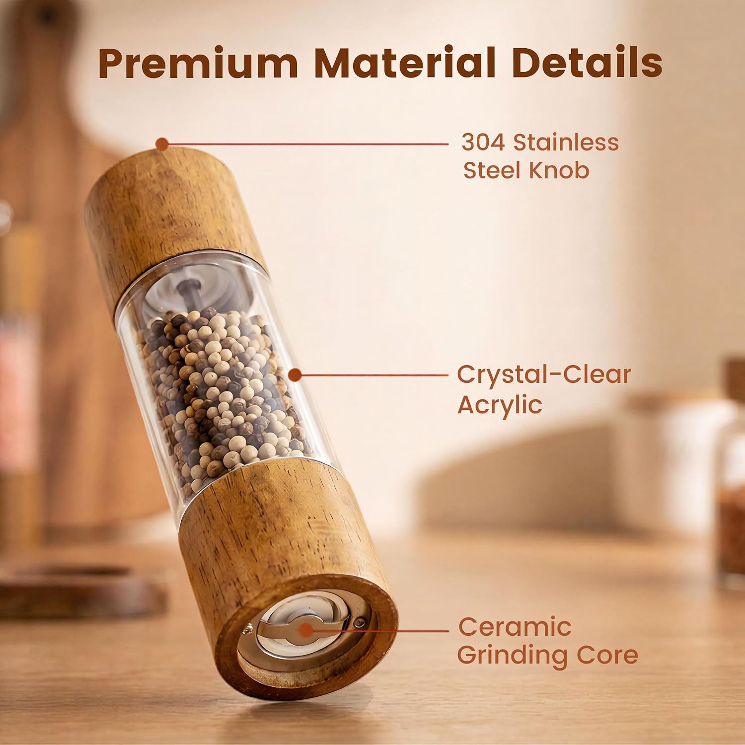 Wooden Salt and Pepper Grinder Set – 8 Inch Manual Spice Mills