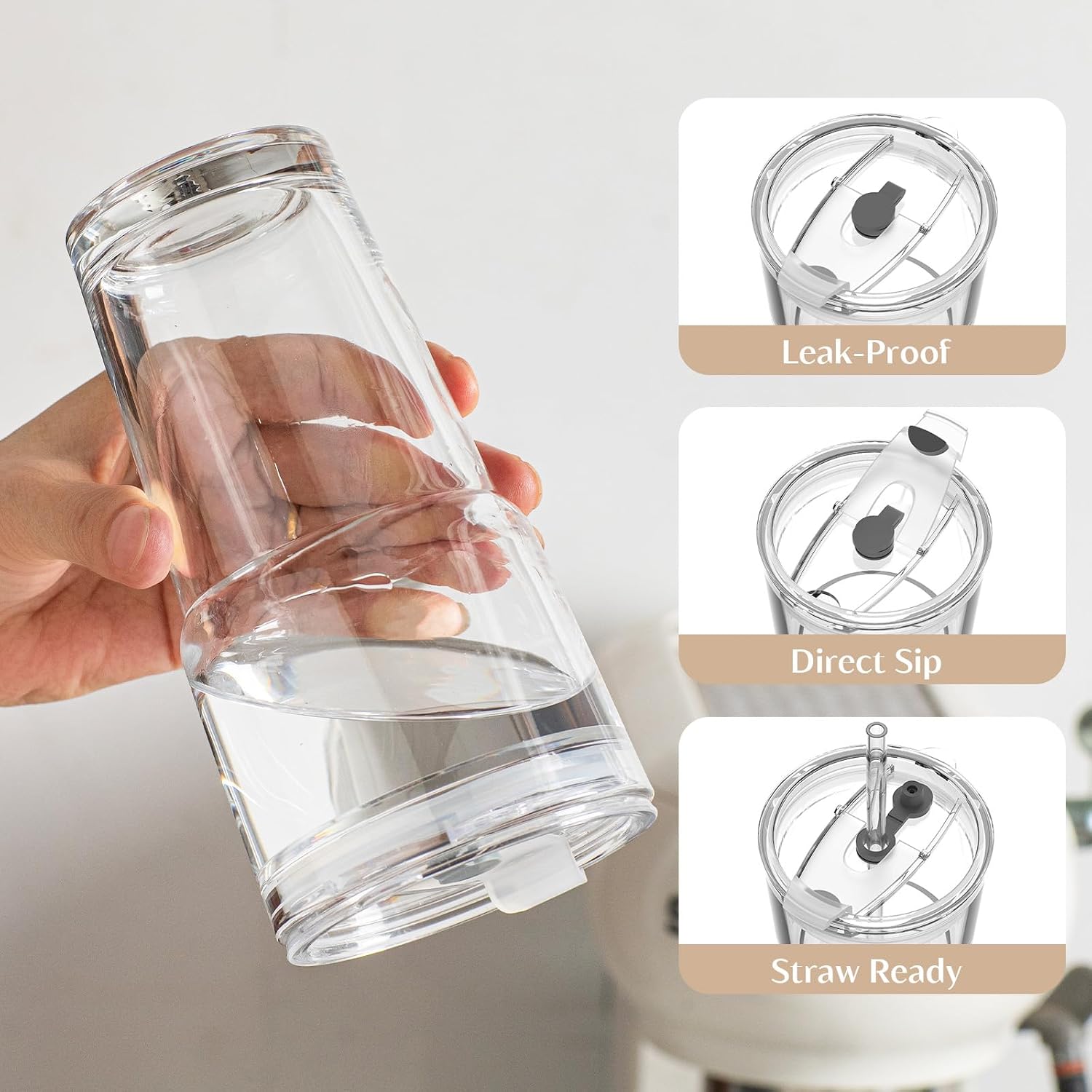 INSETLAN 20oz Clear Glass Cup with Lid and Glass Straw, Set of 2 Thickened Glass Coffee Tumblers, Drinking Glasses with Straw for Smoothie, Tea, Milk, Whiskey, Water and More – Elegant & Durable