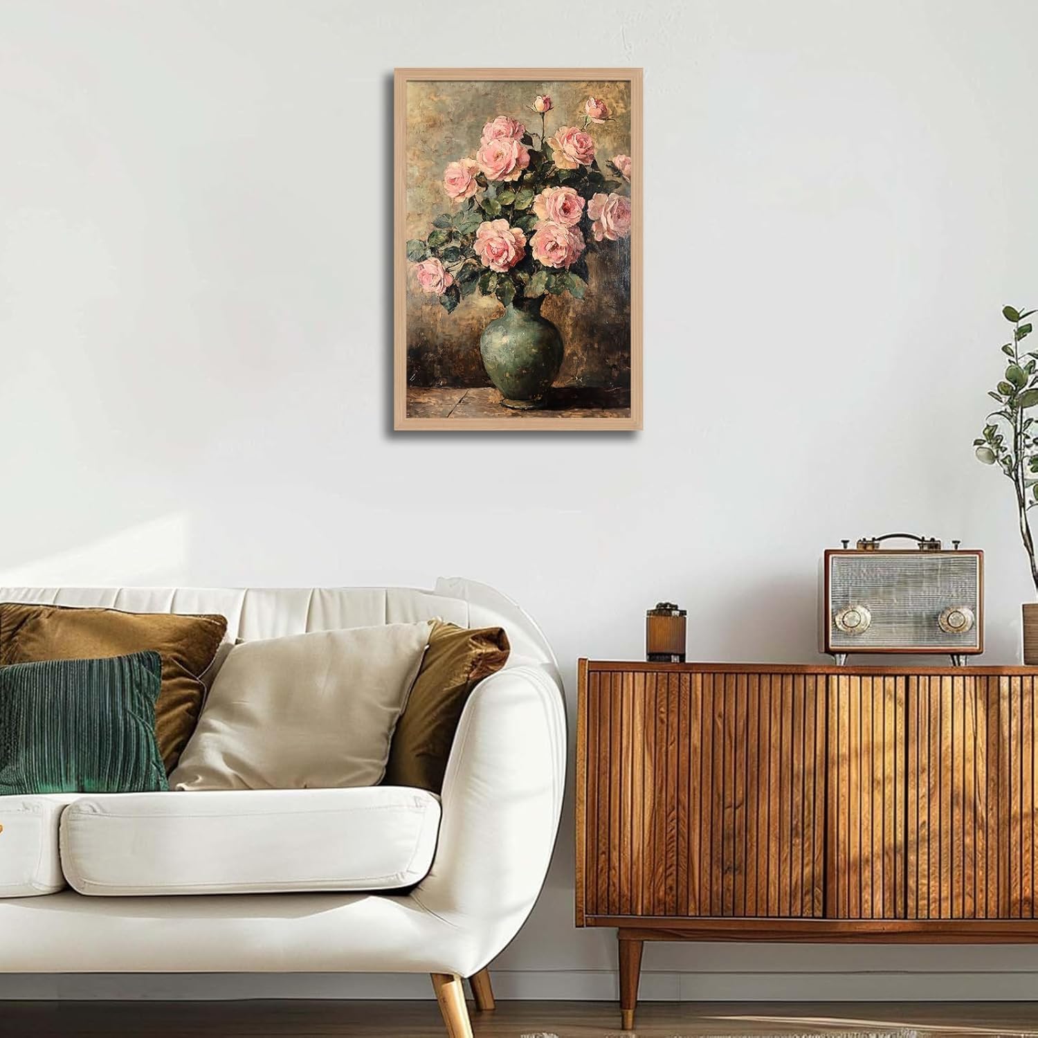 Framed Vintage vase Pink Peonies Painting, Wall Art Floral Art Print, Rustic Wall Decor, for living room and bedroom Dining room gallery Preparing to hang 16x24in Pink Peonies Painting 16x24 Inches