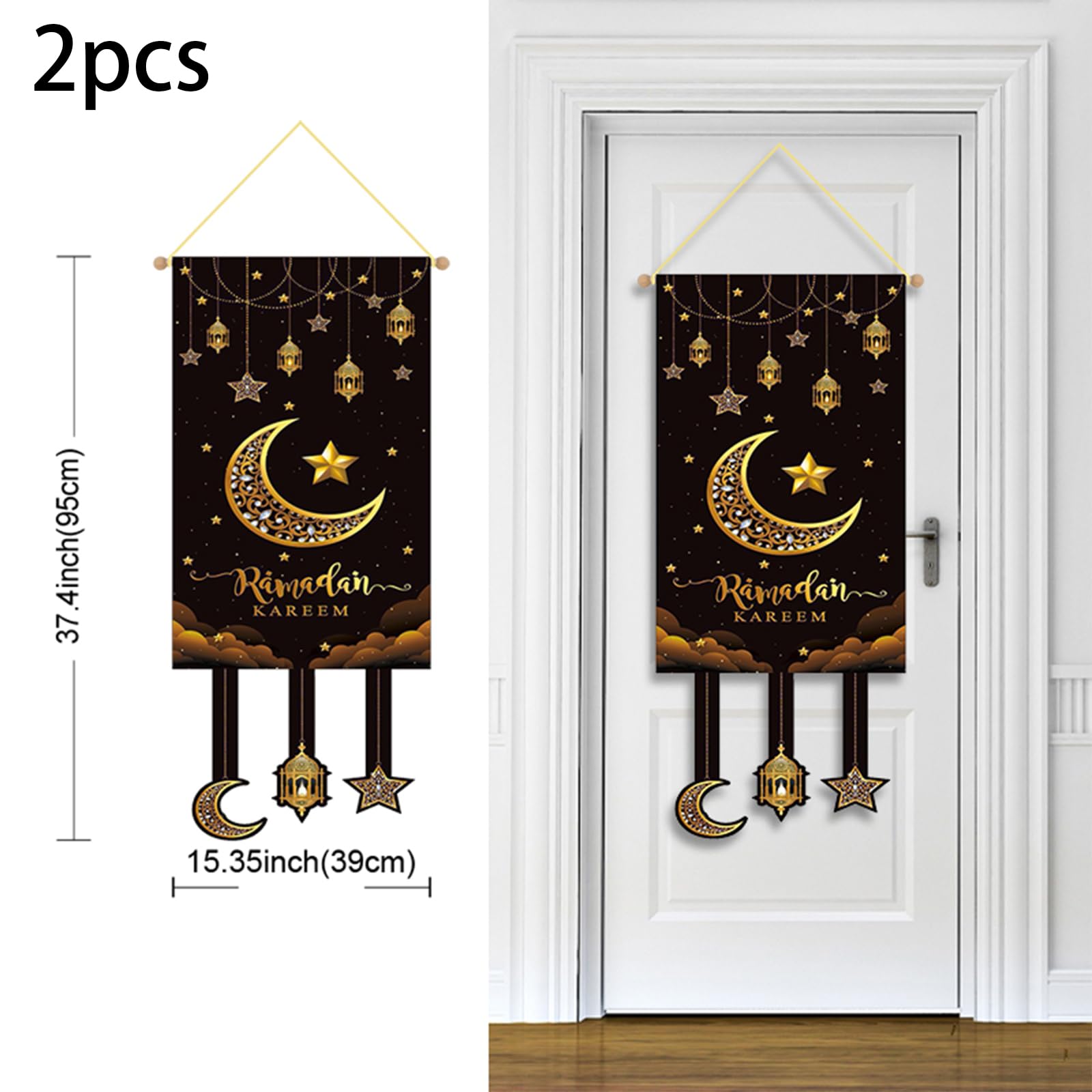 2PCS Eid Decorations Big Banner Background Golden Lantern - Image 2