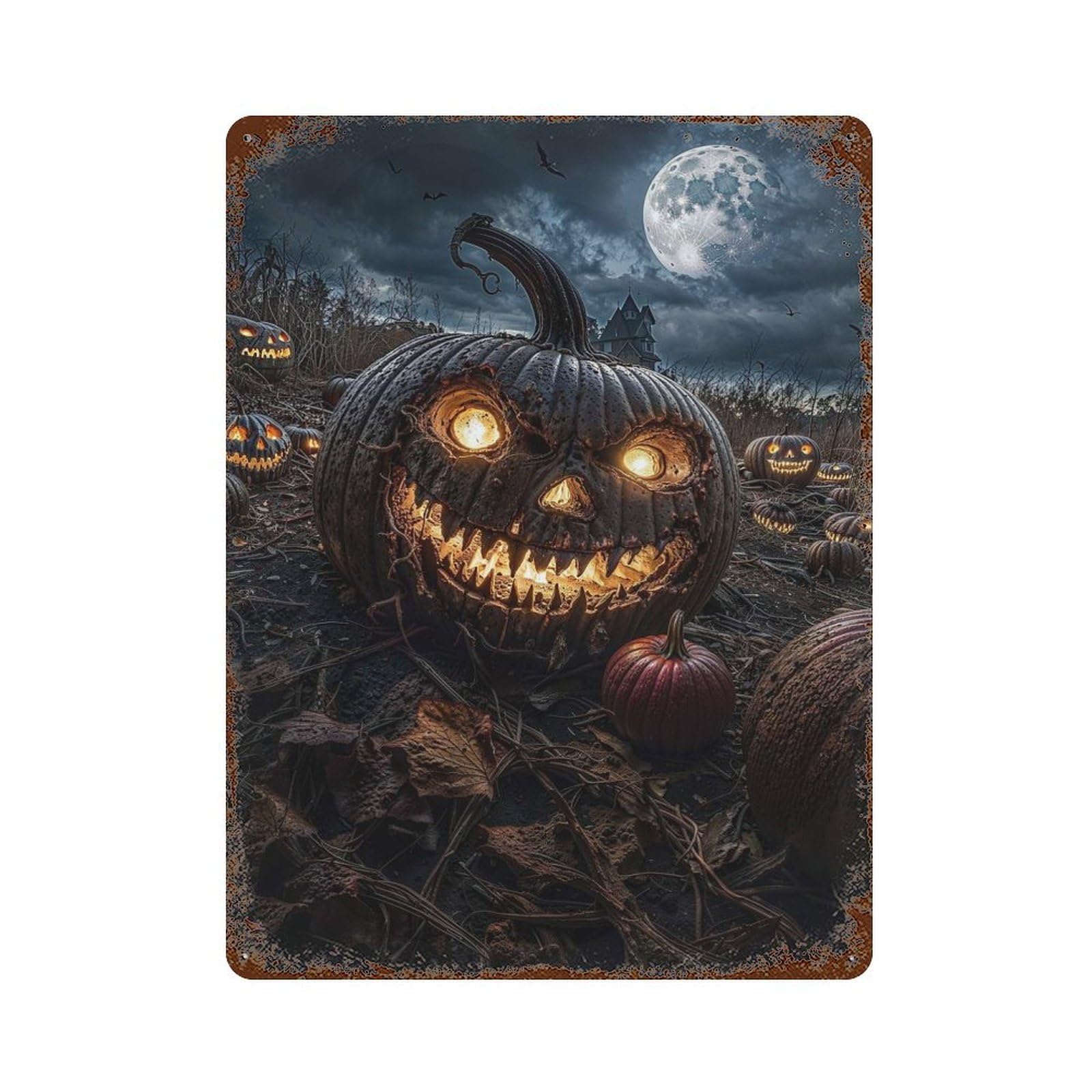 Rust Effect Evil Pumpkin Halloween Rusty Metal Tin Sign 15.7"x11.8", Old School Wall Decor for Basement, Hobby Room And Garage Decor