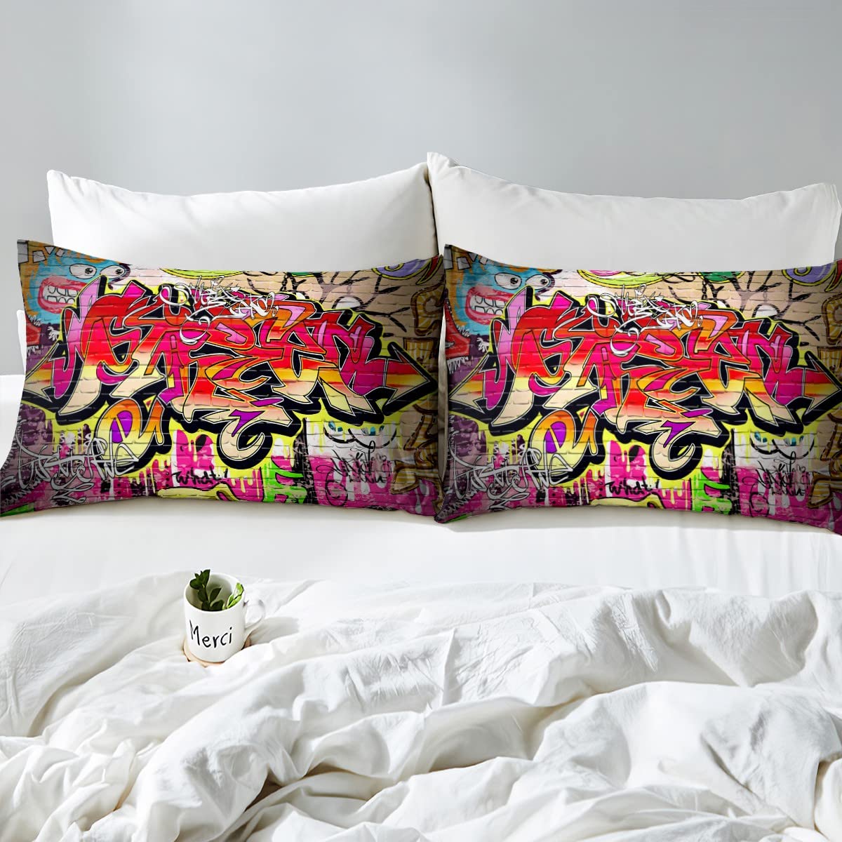 Homewish Copripiumino Graffiti 140x200 – Microfibra 100% Poliestere, Con 1 Federa, Street Art Hip Hop Per Ragazzi