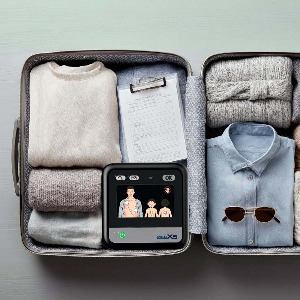 myPAD Heimdefibrillator AED für zuhause, Familie & Freizeit, 4 J. MedX5 Servicegarantie, vollautomatische Schockabgabe, LED-Grafik, für Kleinkinder Erwachsene, Komplettset