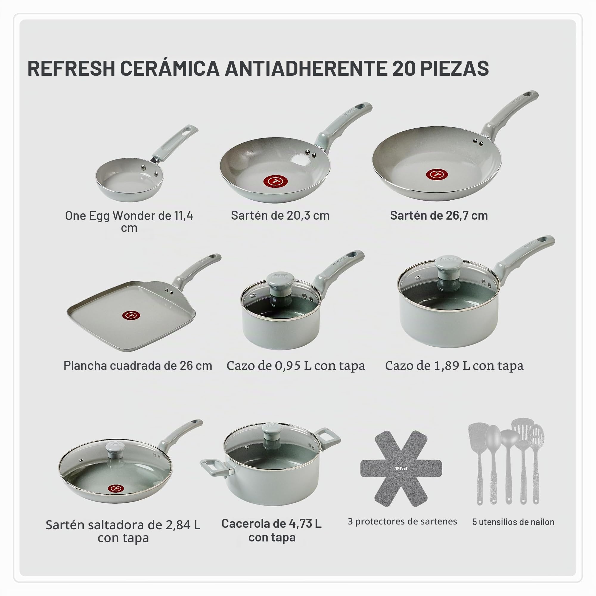 T-Fal Refresh - Juego de ollas y sartenes de cerámica, 20 piezas, antiadherentes, olla, plancha, sartenes, utensilios, gris luna