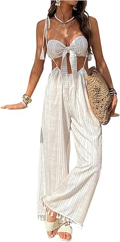 SOLY HUX Women's 2 Piece Outfits Striped Tie Front Strapless Crop Tube Top and S