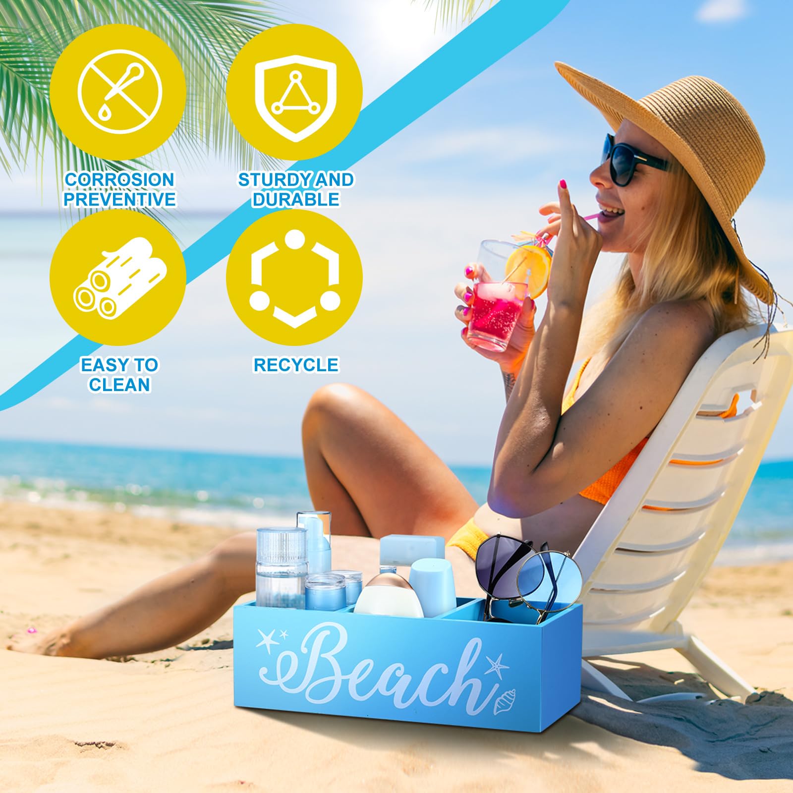 CroBlissful Strand-Aufbewahrungskorb, blaue Sommer-Holzkiste mit drei Fächern, Toilettentank-Tablett für drinnen und draußen, Schwimmbad, Dekoration, Sonnenschutz, Sonnenbrille, Pool, Spielzeug