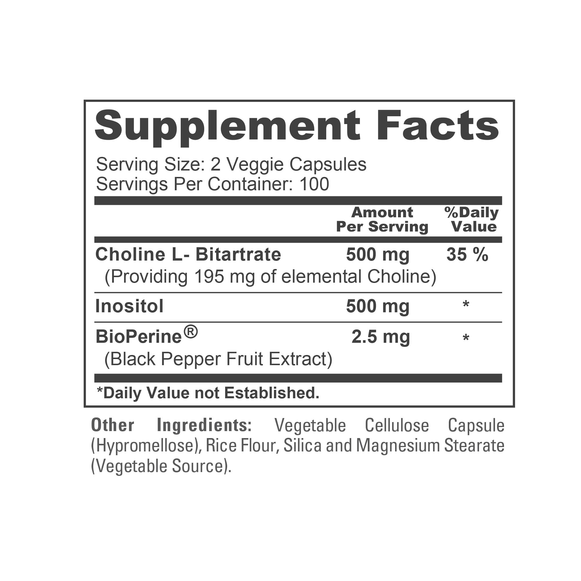 Choline, L Bitartrate & Inositol, 1000mg, 200 Veggie Caps - 100 Servings — Amazon image 4