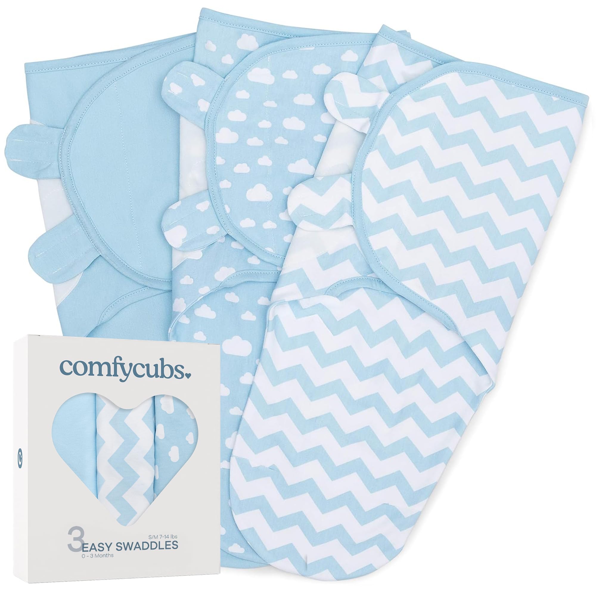 Comfy Cubs Easy Swaddle Blanket, 3 Pack - 100% Cotton Newborn Wrap, Small for 0-3 Months Infants, with Adjustable Velcro, Breathable and Durable Sleep Sack for Babies - Blue