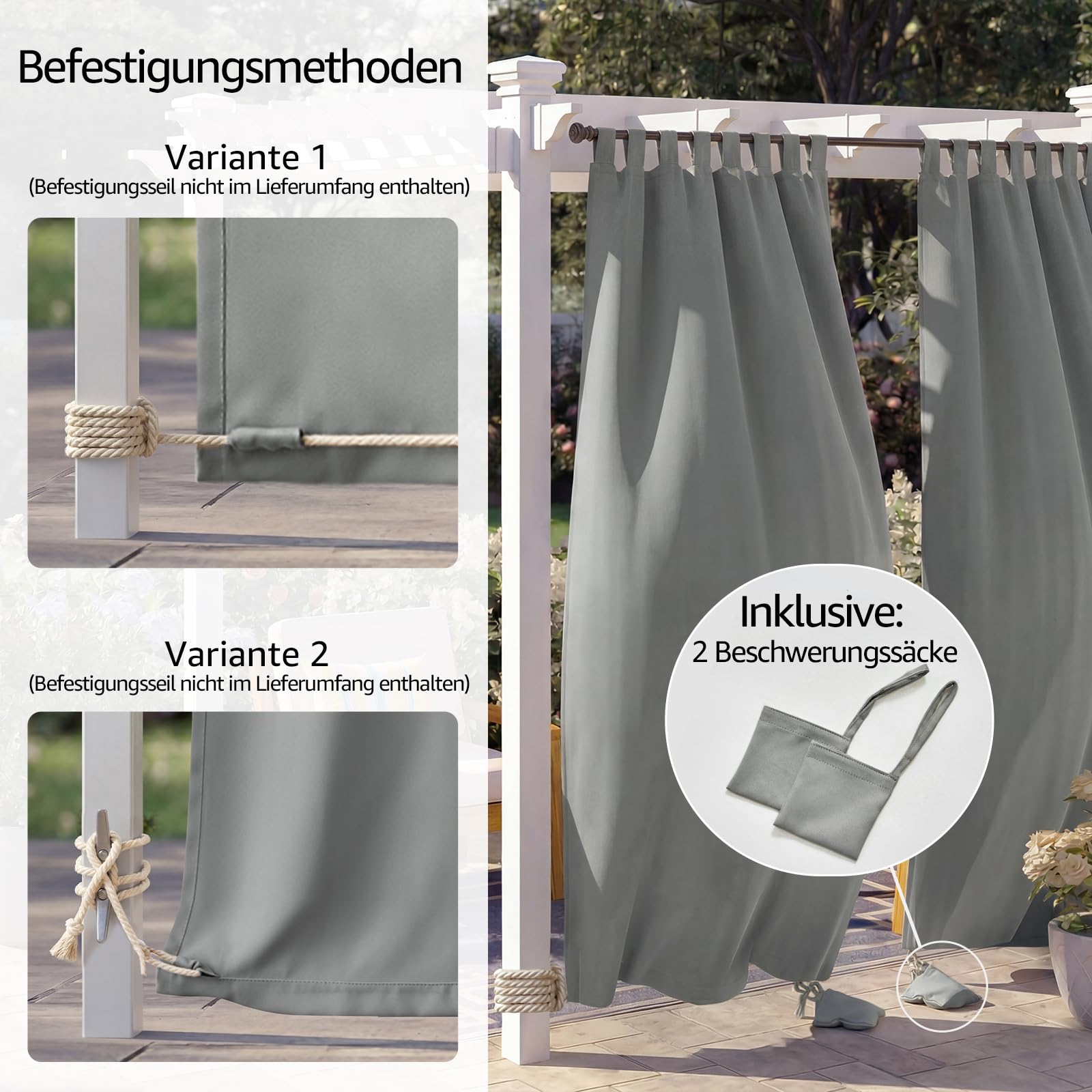 TOPICK Outdoor Vorhang Wetterfest Sonnenschutz Vorhänge mit Schlaufen Blickdicht Wohnzimmer Balkontür Gardine außen Curtains H 245 x B 132 cm 2er Set Wasserabweisend für Balkon Pavillon Hellgrau