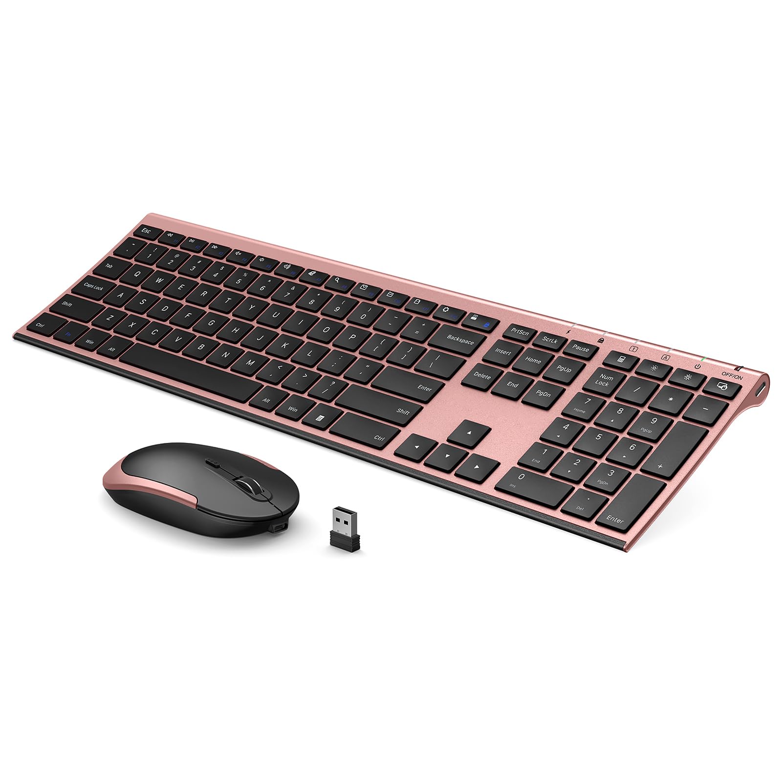 Rechargeable Wireless Keyboard Mouse, Vssoplor Quiet Full-Size Keyboard and Mouse Combo with USB for PC, Windows, Laptop-Black and Rose Gold-image-12