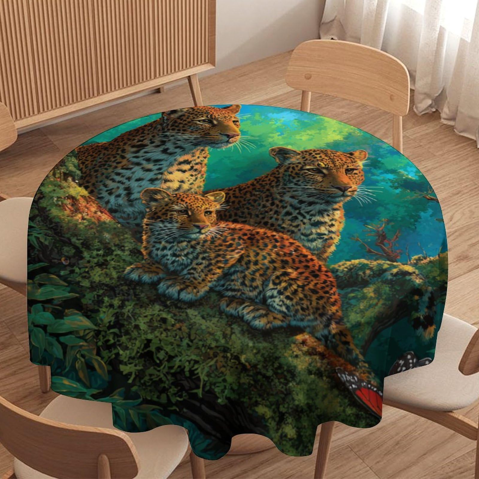 LUYYSKY Fantasy Abstract Leopard Waterproof Round Tablecloth Cute Oil Painting Plants Tree Animal Cheetah Butterflies Washable Table Cover for Kitchen-177.8" Wx177.8 L cm
