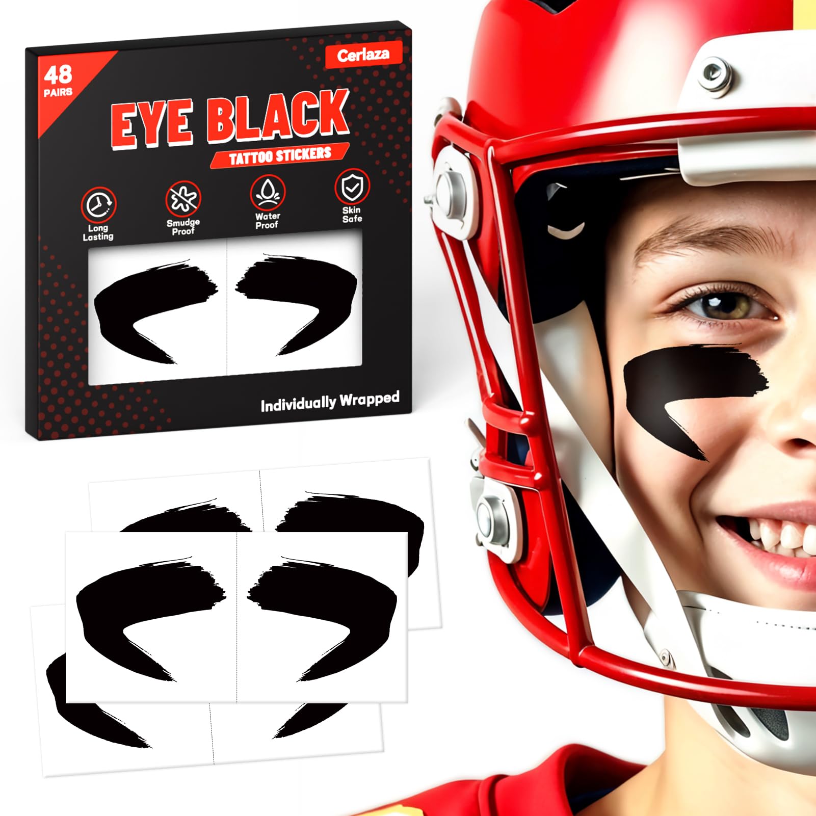 Cerlaza Football/Baseball Accessories, 48 Pairs Eye Black Stickers, Eye Black Tattoos Soccer Party Favors Supplies, Halloween/Sports Outdoors Game Day