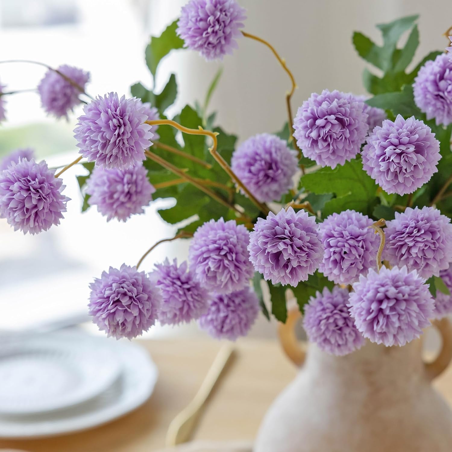 mizii 6Pcs Purple Fake Silk Pompon Mum Artificial Flowers Bulk Small Faux Chrysanthemums with Stems Realistic Floral Decorations for Wedding DIY Bouquet Centerpieces Shower Vase Home Decor (Purple) - Image 5