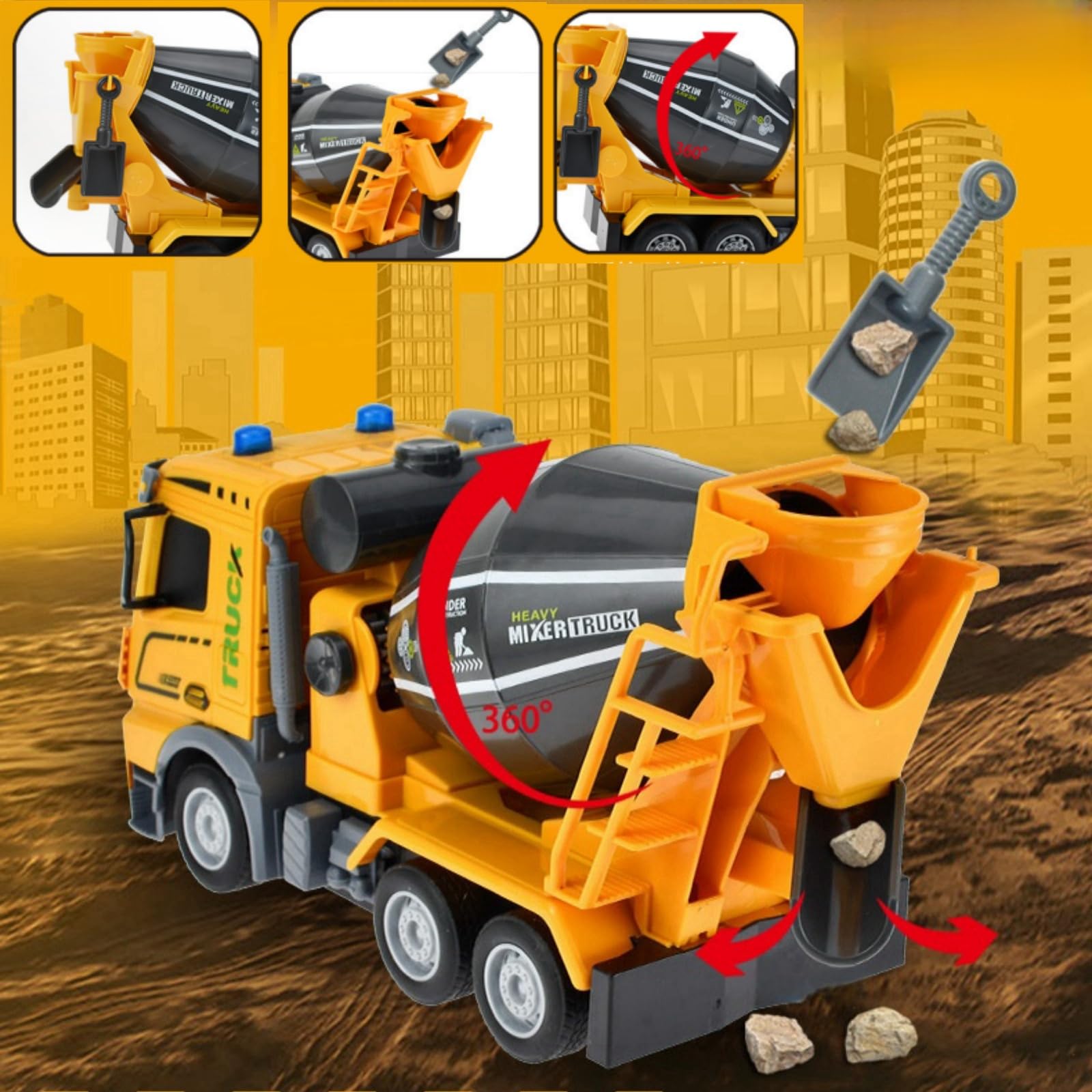 Camion betoniera con tutte le funzioni, giocattolo telecomandato alimentato a batteria, per bambini e bambine (di età 3-7), scala 1:24, con luci e suoni