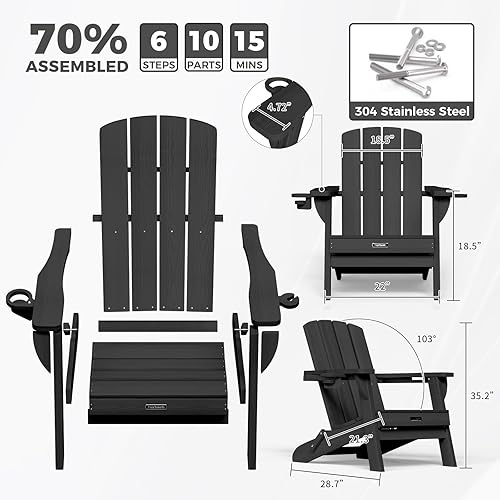 Miniatura 3 de Silla Adirondack plegable con textura de madera, sillas de hoguera de polietileno de alta densidad para todo tipo de clima, sillas Adirondack de