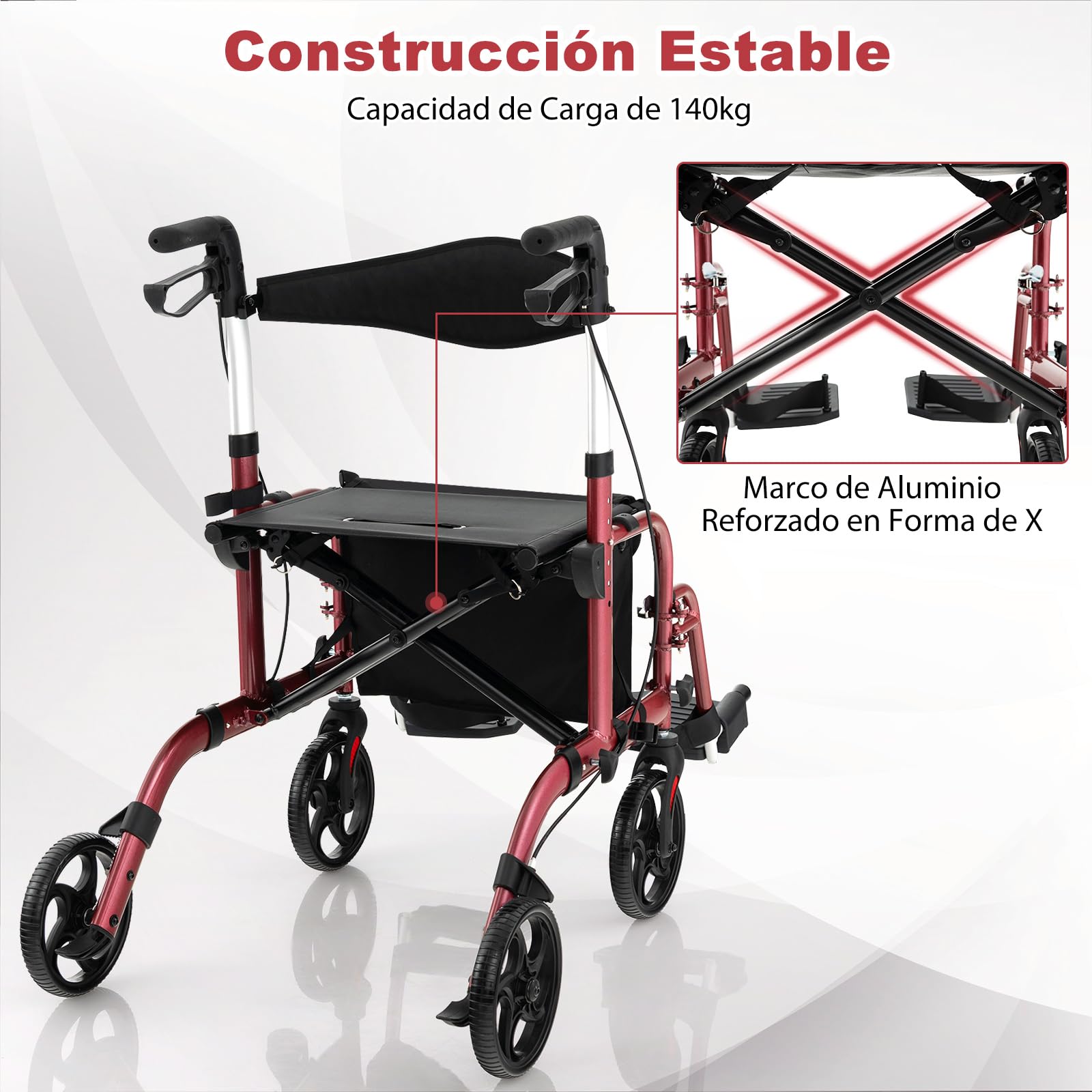 GOPLUS Andador para Ancianos con Asiento 2 en 1, Andador de Aluminio con 6 Alturas Ajustables, Respaldo Reversible, Silla de Transporte de Aluminio Ligero con Ruedas de 20 cm (Rojo)