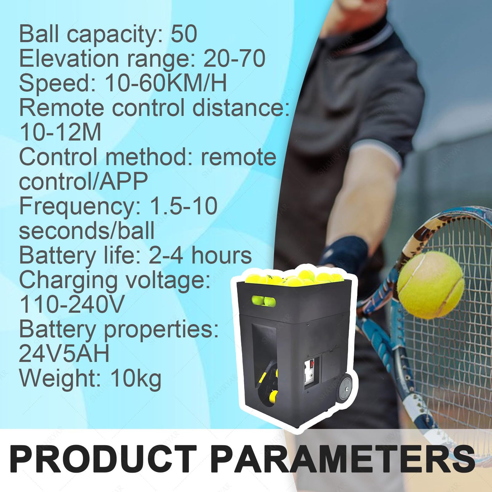 SHAHRYAR Macchina Lanciapalle Tennis Portatile, Lanciapalle Tennis Automatica,con Telecomando E Controllo App, Attrezzo per Allenamento Tennis per Bambini E Principianti