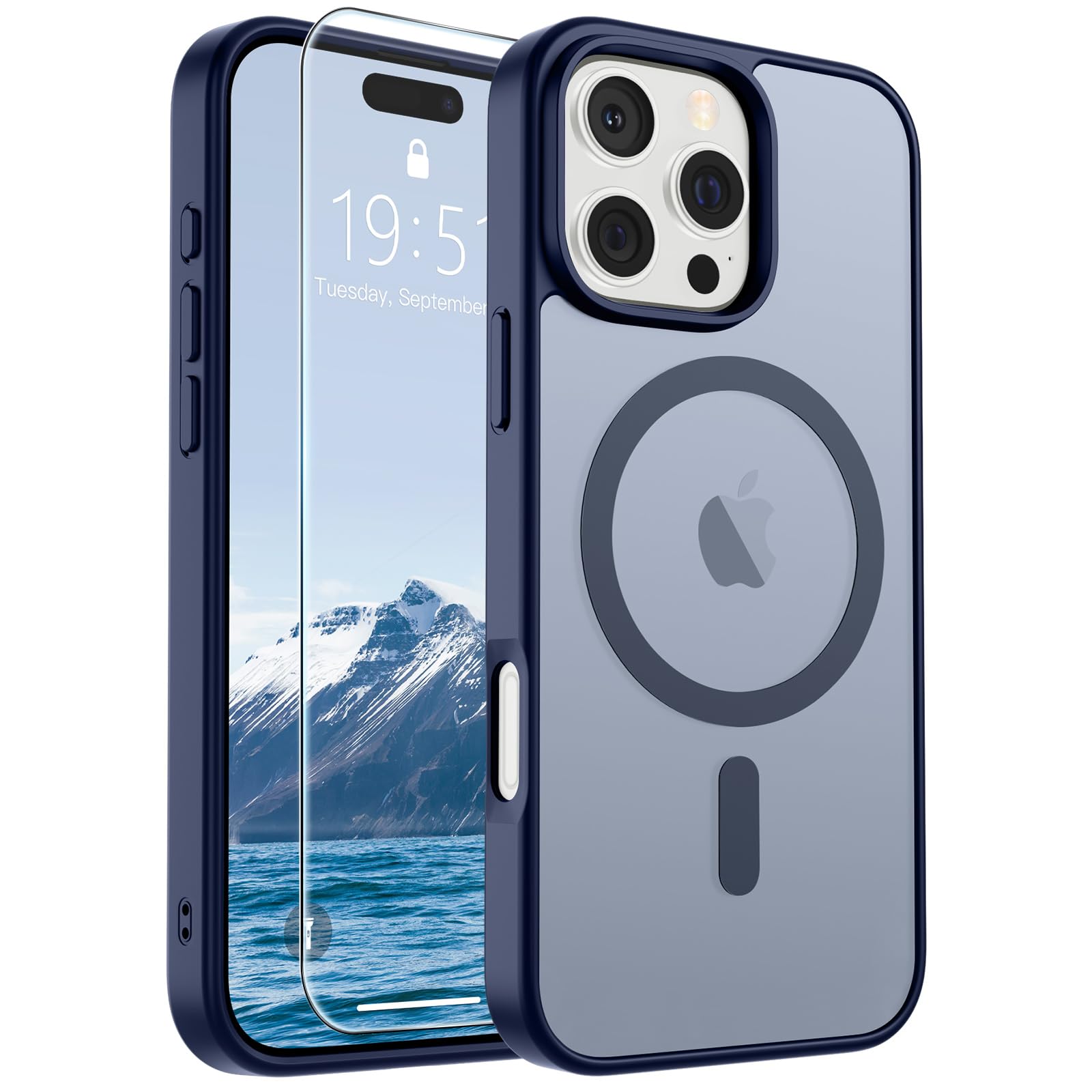 SUPFINE Magnetic for iPhone 16 Pro Max Case Navy Blue | With Screen Protector, Translucent Matte, Compatible with MagSafe, Military Grade Drop Proof, Rugged Shockproof Protective