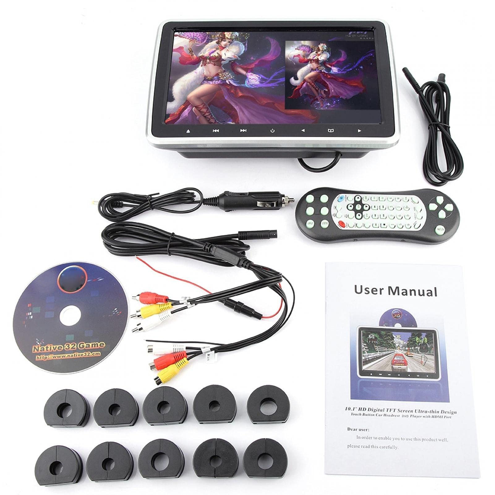 Monitor de reposacabezas, 10.1in 16: 9 TFT HD Reposacabezas de coche Reproductor de DVD Monitor de almohada digital portátil con clip Auriculares estéreo de 3,5 mm