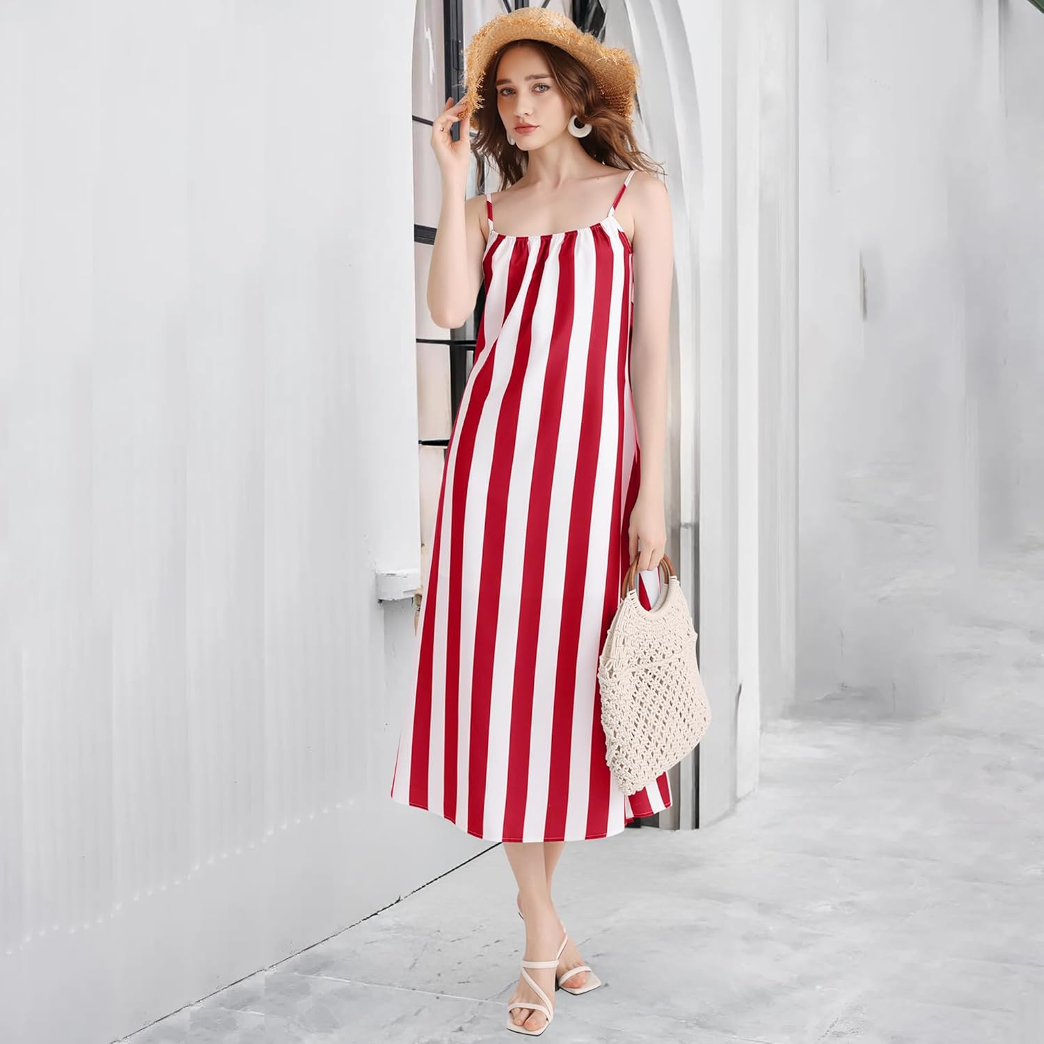 Womens Summer Maxi Dresses 2025 Boho Striped Spaghetti Strap Sundress Casual Beach Vacation Long Dress with Pockets - Image 5