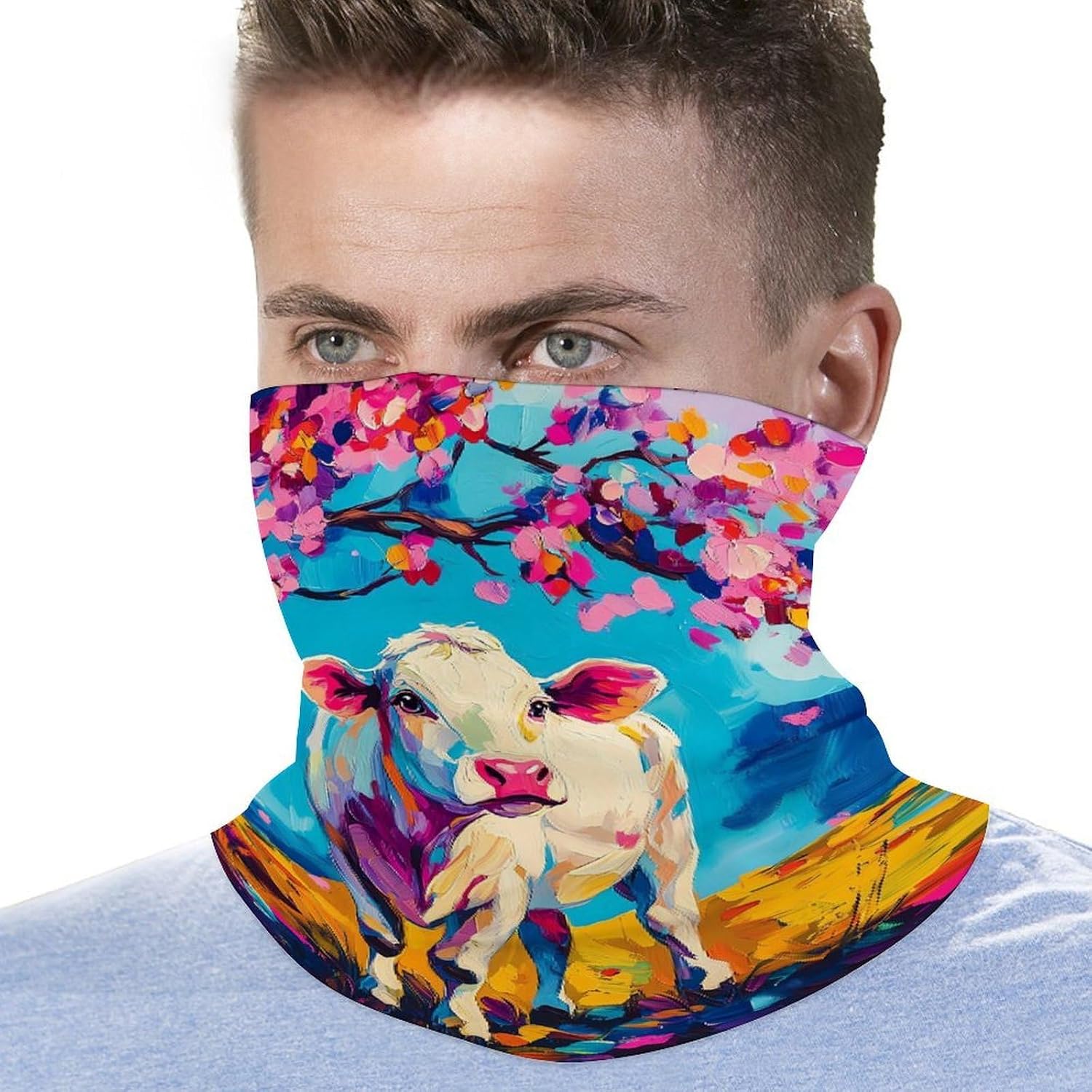 Cow And Flower Face Cover Neck Gaiters for Men Women Sun Protection Mask Scarf Hiking Bandana