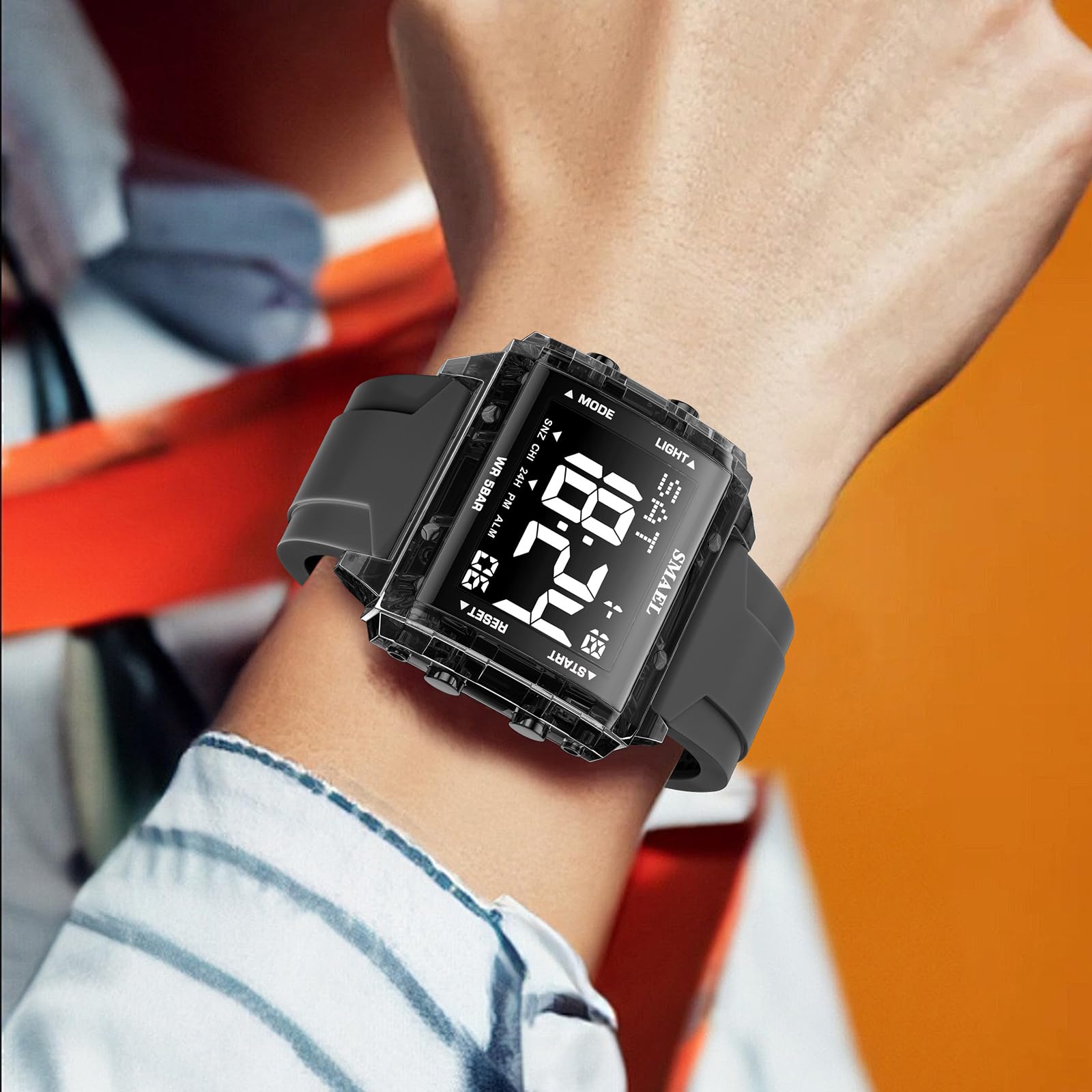 KXAITO Digital Sports Watch, Square Case 44mm, LED Night Light Display, 5ATM Waterproof, Silica Gel Band, Alarm Chronograph Stopwatch, Gift - 4