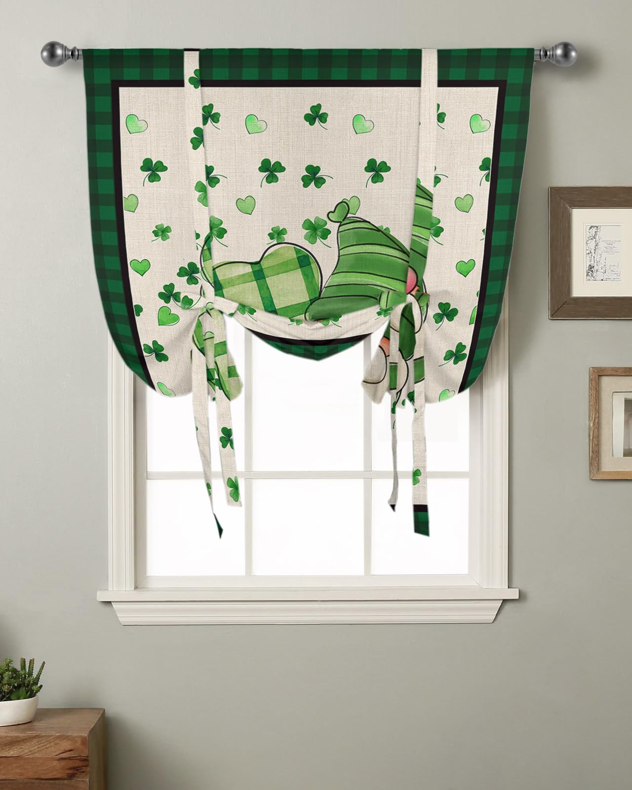 Gnomes Tie Up Curtains for Kitchen Bathroom Bedroom Windows 63 Inch Length, Balloon Drape Curtains Shade Rod Pocket Drapery Curtain St. Patrick's Day Farmhouse Clover Plaid Green 1 Panel, 46