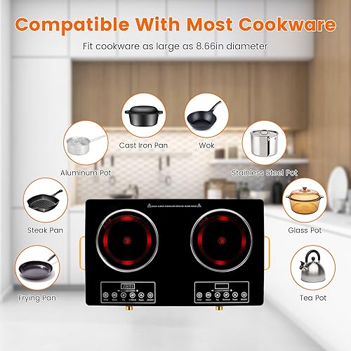 Miniatura 6 de Placa eléctrica de cerámica doble de 7000 W, estufa de encimera de doble quemador, placa infrarroja con 11 niveles de potencia, temporizador de 0 a