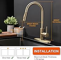 Vista 5 de Tohlar Gold Kitchen Faucet with Pull Down Sprayer, Gold Kitchen Sink Faucet for 1 or 3 Hole, Modern Stainless Steel Sink Faucet with Deck Plate for