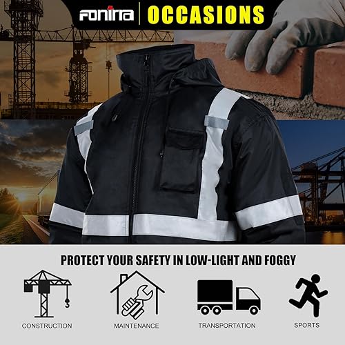 Miniatura 6 de FONIRRA Chaquetas de seguridad de alta visibilidad con forro polar, chaqueta impermeable reflectante ANSI Clase 3 para hombre