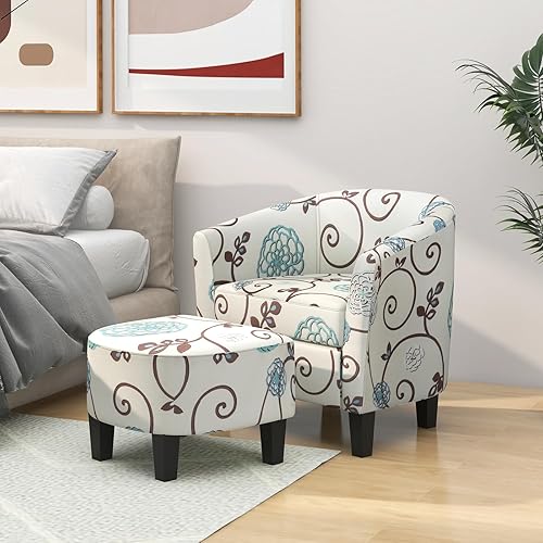 Miniatura 4 de DORTALA Silla decorativa con otomana, moderno juego de sillas tapizadas con patas de madera maciza, sillón de tela de lino con respaldo en forma de